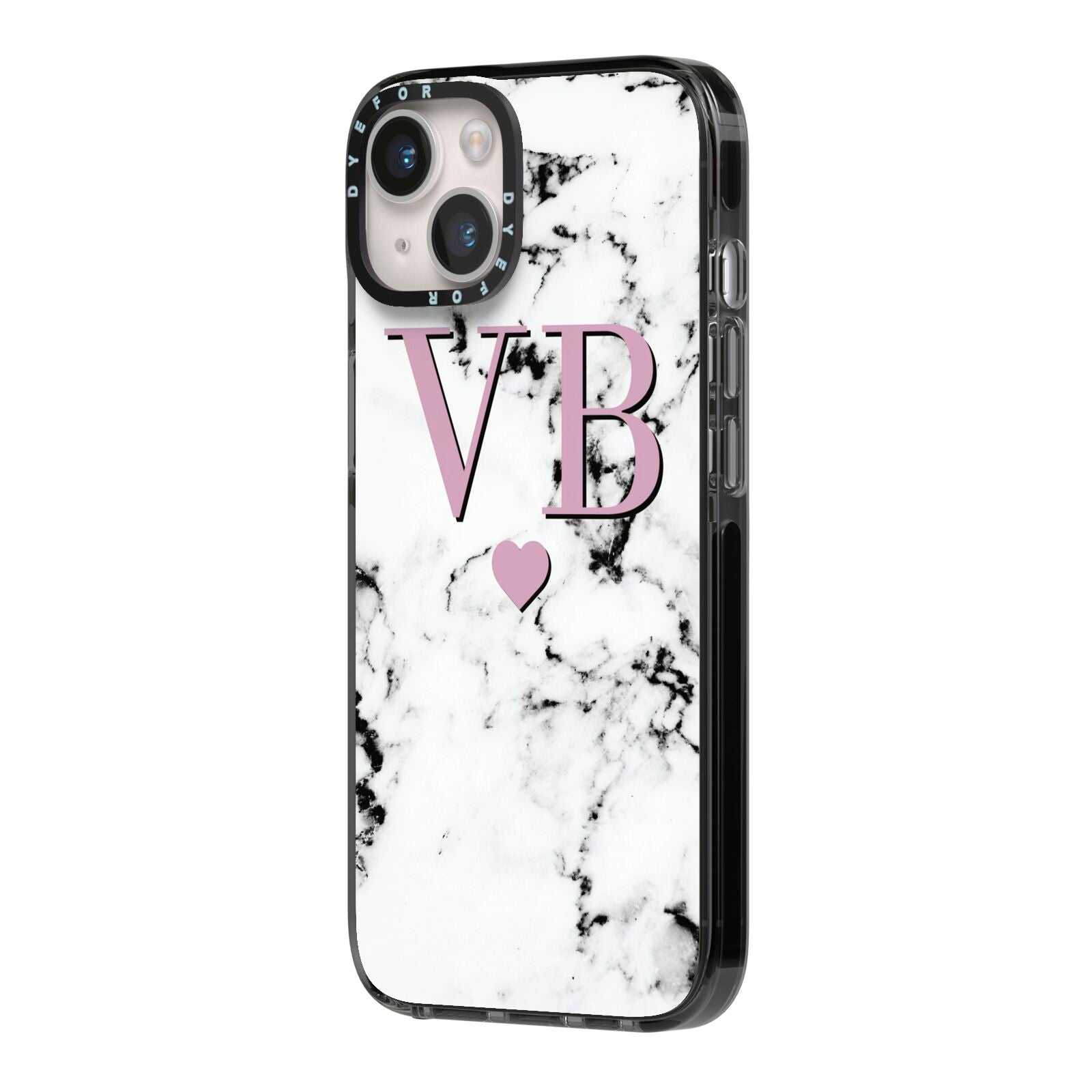 Personalised Purple Initialed Marble Heart iPhone 14 Black Impact Case Side Angle on Silver phone