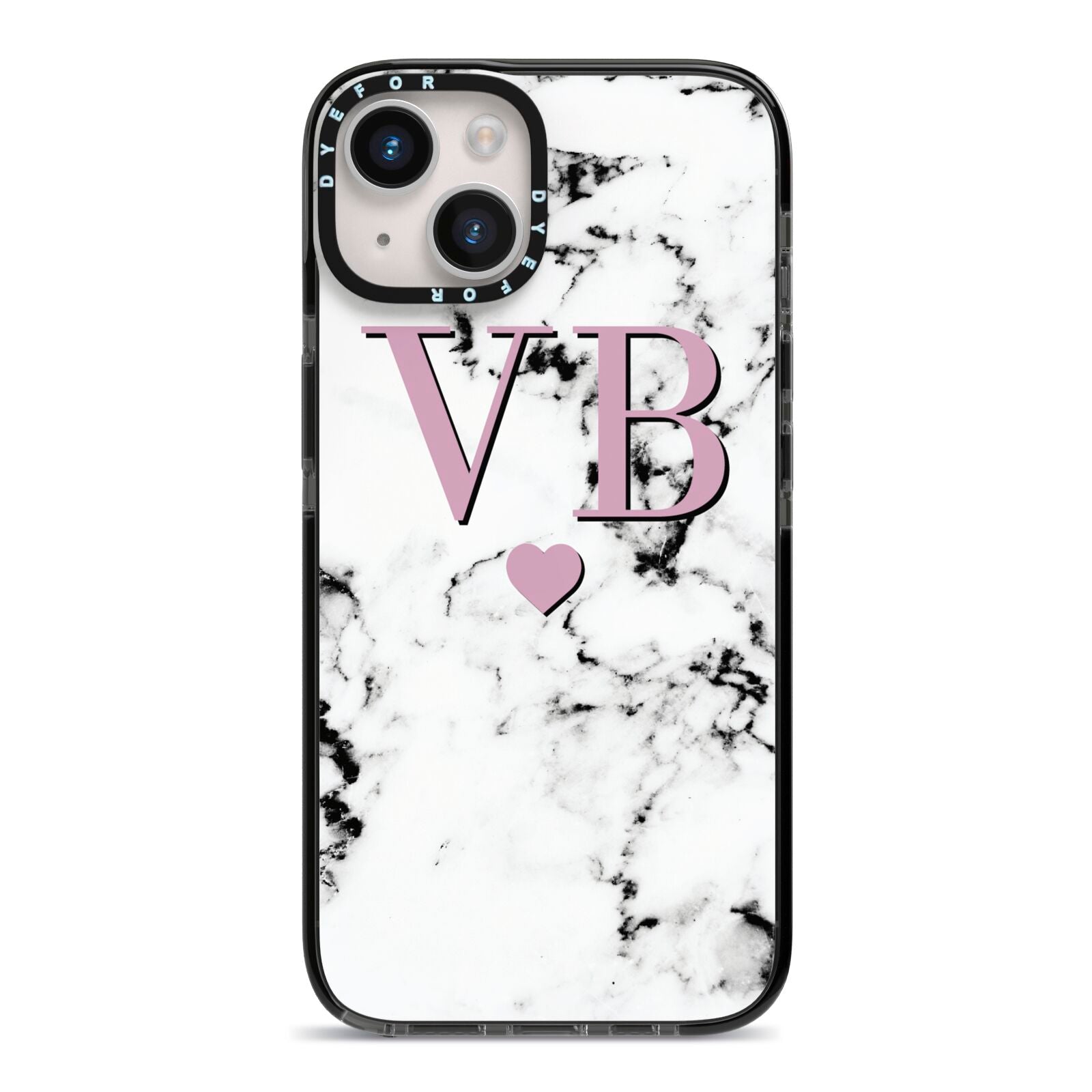 Personalised Purple Initialed Marble Heart iPhone 14 Black Impact Case on Silver phone