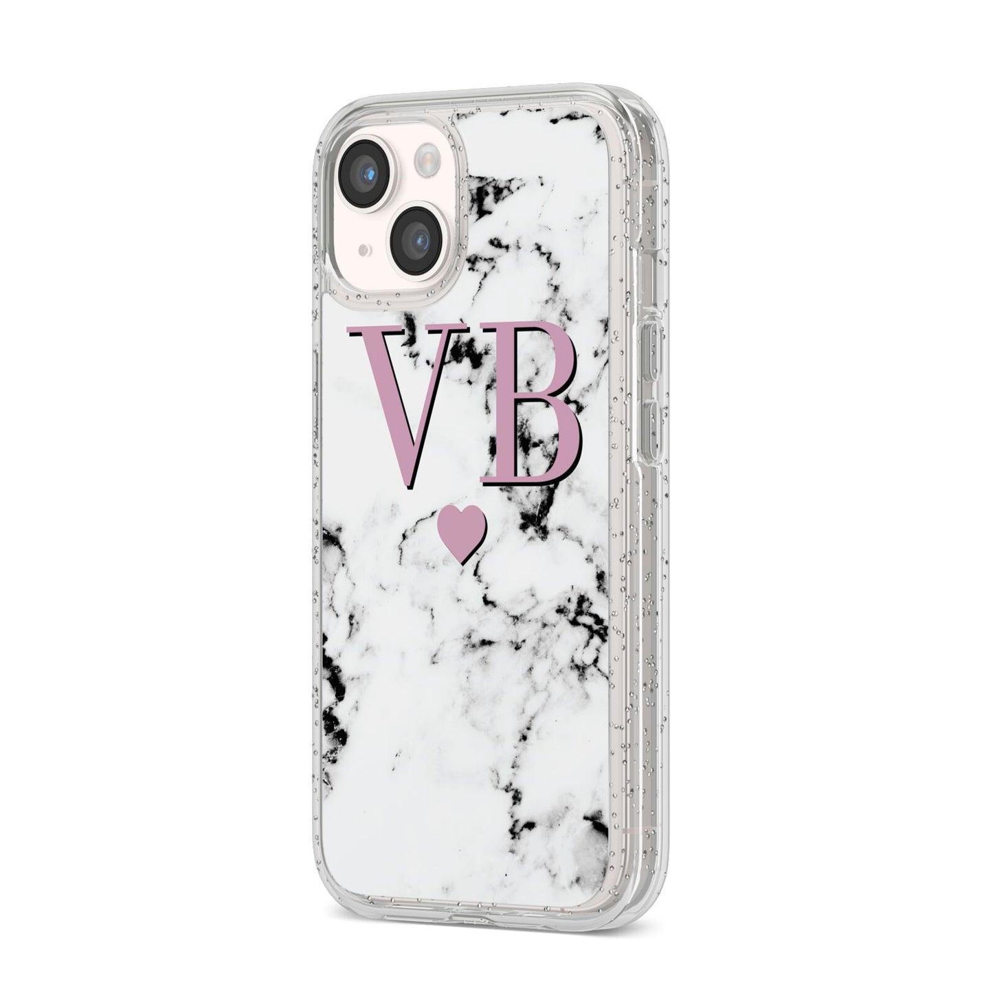 Personalised Purple Initialed Marble Heart iPhone 14 Glitter Tough Case Starlight Angled Image