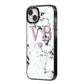 Personalised Purple Initialed Marble Heart iPhone 14 Plus Black Impact Case Side Angle on Silver phone