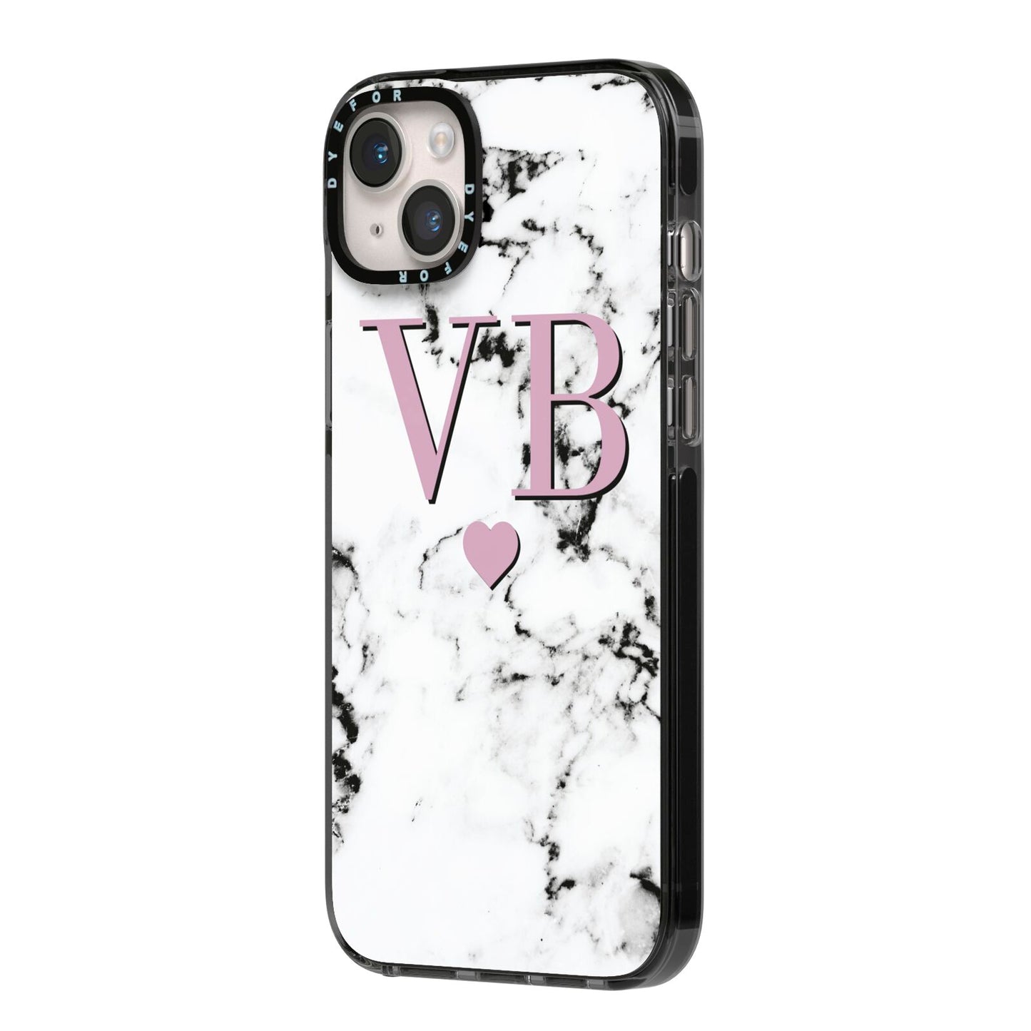 Personalised Purple Initialed Marble Heart iPhone 14 Plus Black Impact Case Side Angle on Silver phone
