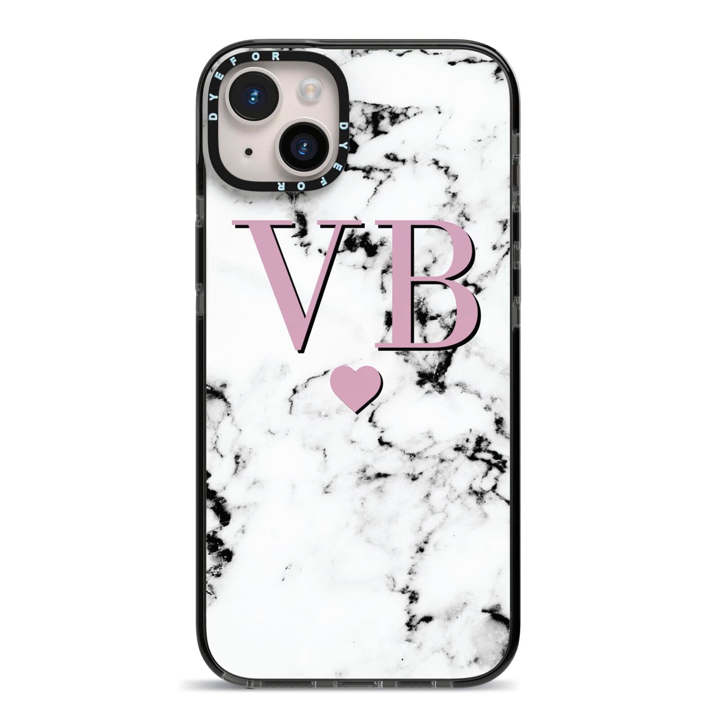 Personalised Purple Initialed Marble Heart iPhone 14 Plus Black Impact Case on Silver phone
