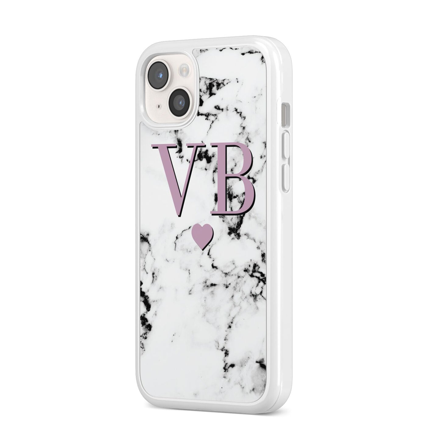 Personalised Purple Initialed Marble Heart iPhone 14 Plus Clear Tough Case Starlight Angled Image