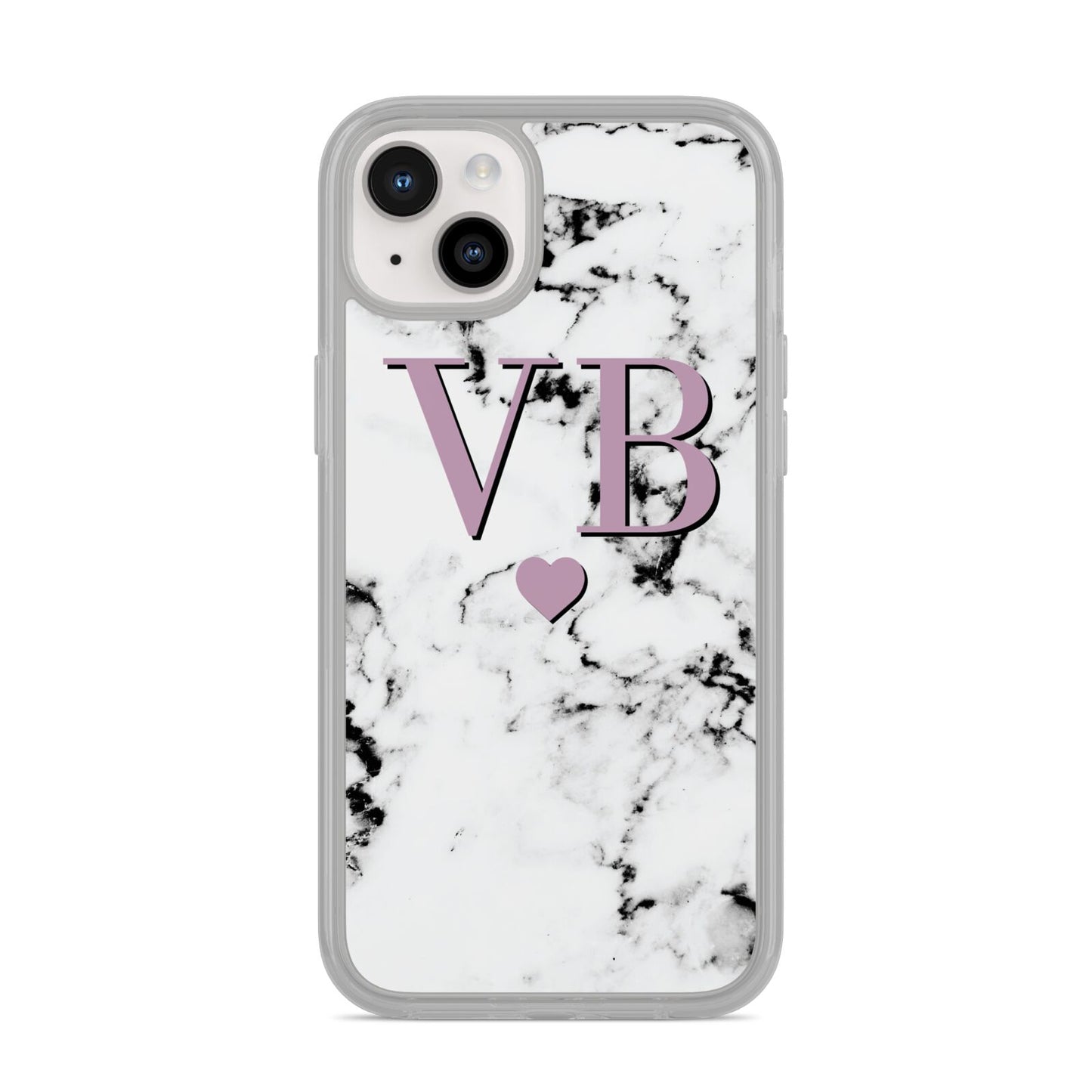 Personalised Purple Initialed Marble Heart iPhone 14 Plus Clear Tough Case Starlight