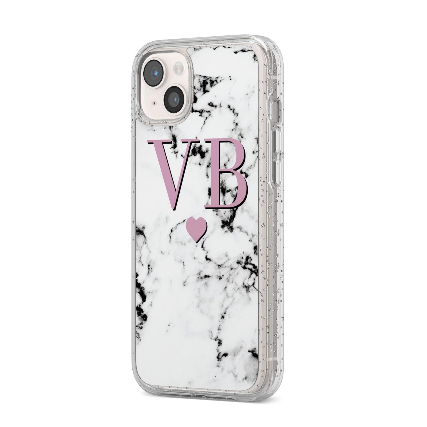 Personalised Purple Initialed Marble Heart iPhone 14 Plus Glitter Tough Case Starlight Angled Image