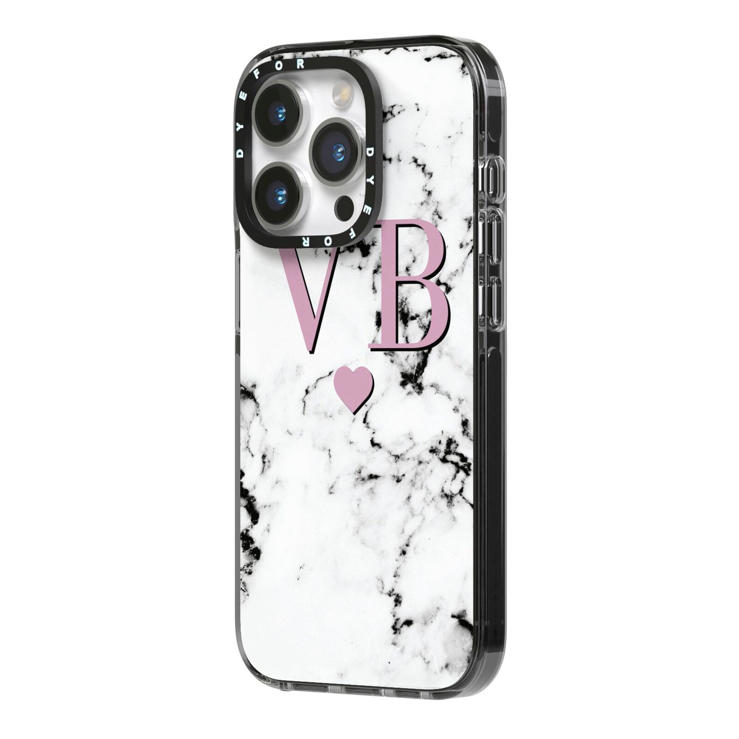 Personalised Purple Initialed Marble Heart iPhone 14 Pro Black Impact Case Side Angle on Silver phone