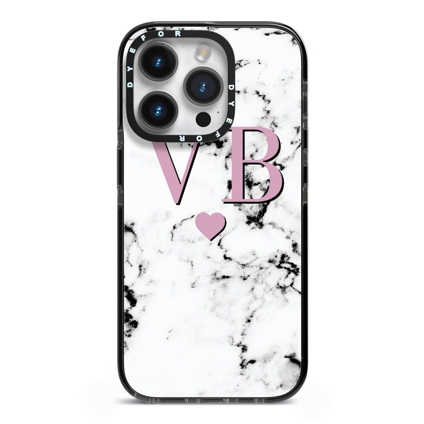 Personalised Purple Initialed Marble Heart iPhone 14 Pro Black Impact Case on Silver phone