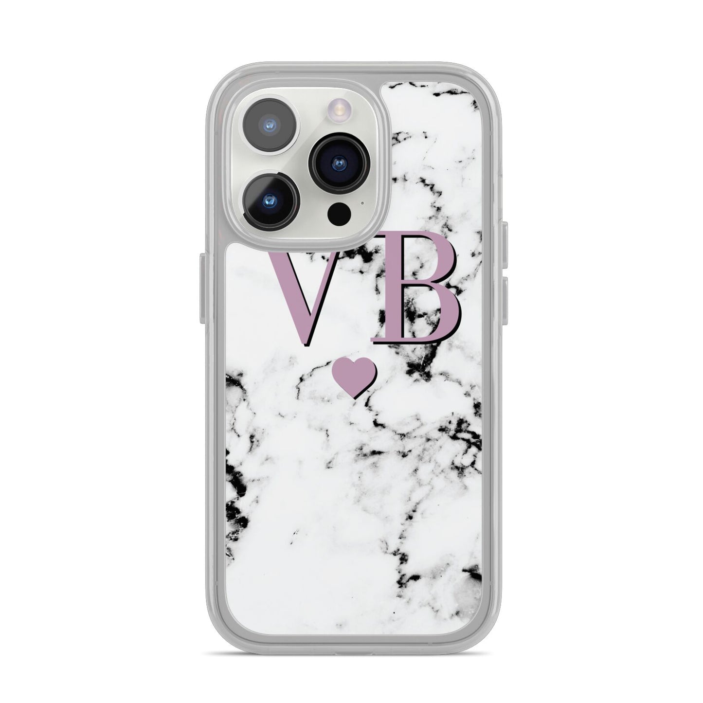 Personalised Purple Initialed Marble Heart iPhone 14 Pro Clear Tough Case Silver