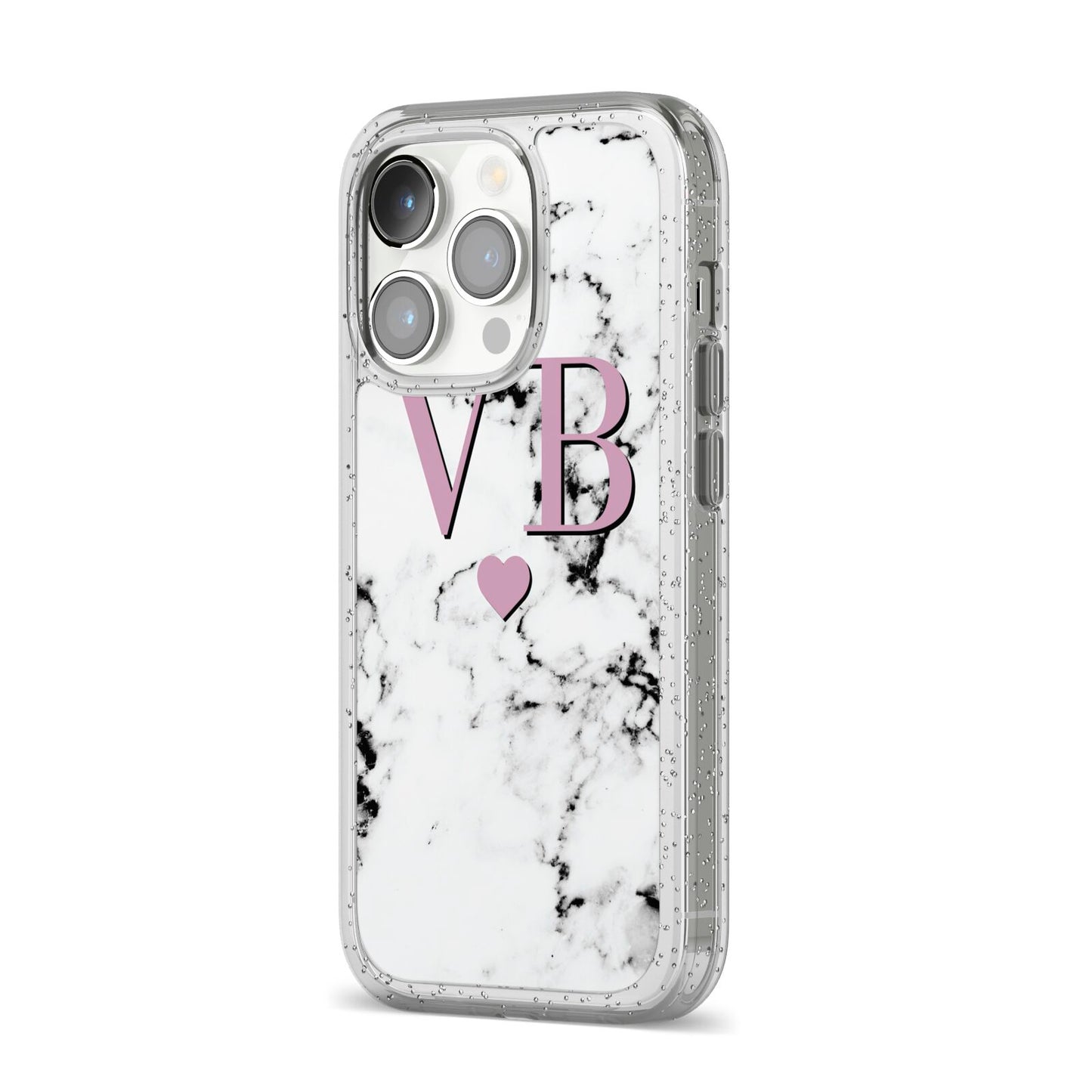 Personalised Purple Initialed Marble Heart iPhone 14 Pro Glitter Tough Case Silver Angled Image