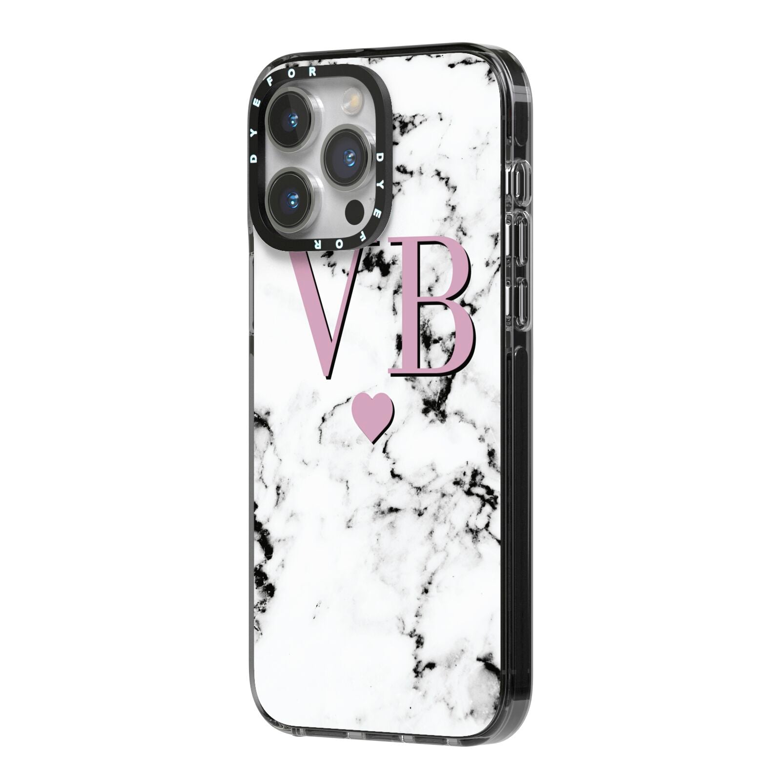 Personalised Purple Initialed Marble Heart iPhone 14 Pro Max Black Impact Case Side Angle on Silver phone