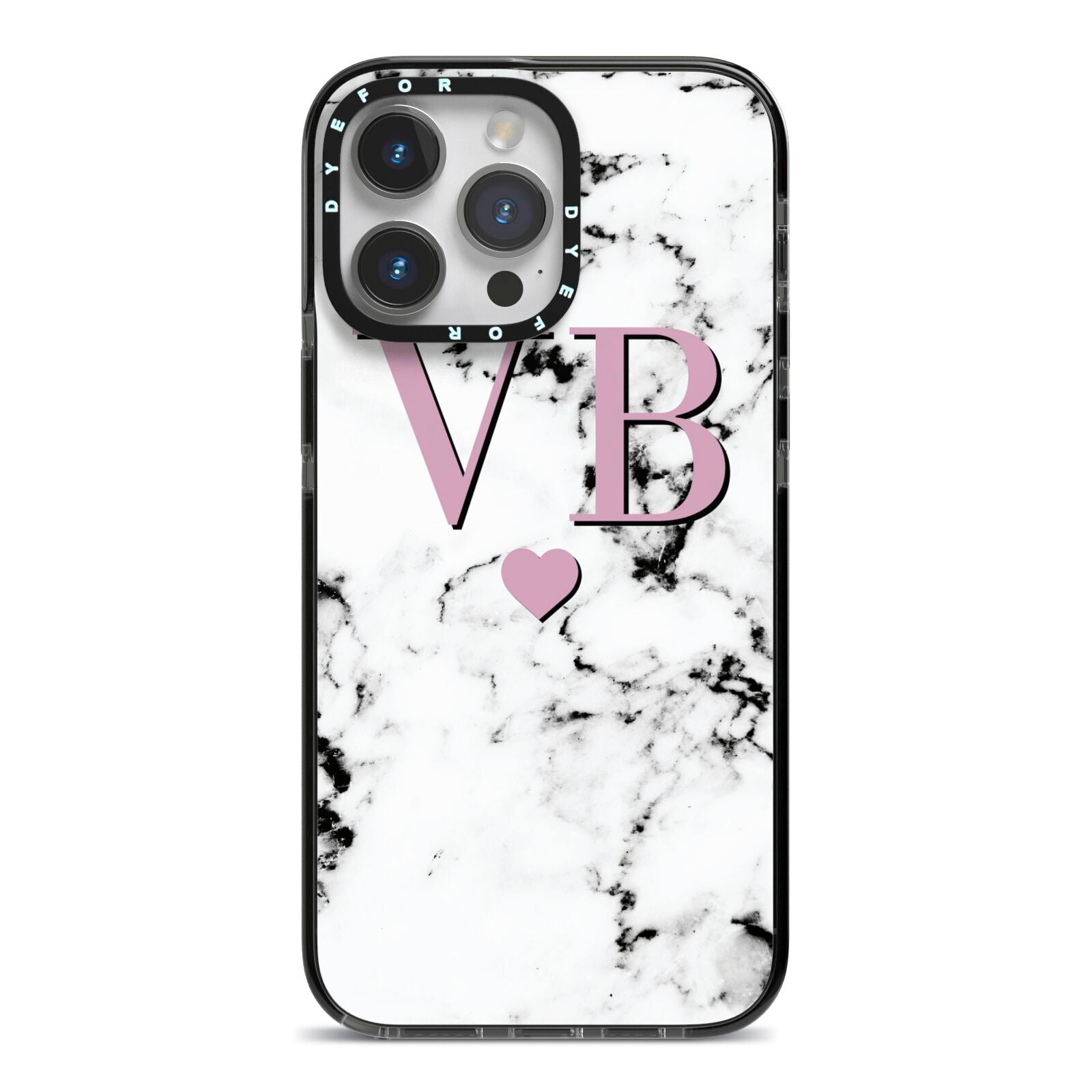 Personalised Purple Initialed Marble Heart iPhone 14 Pro Max Black Impact Case on Silver phone
