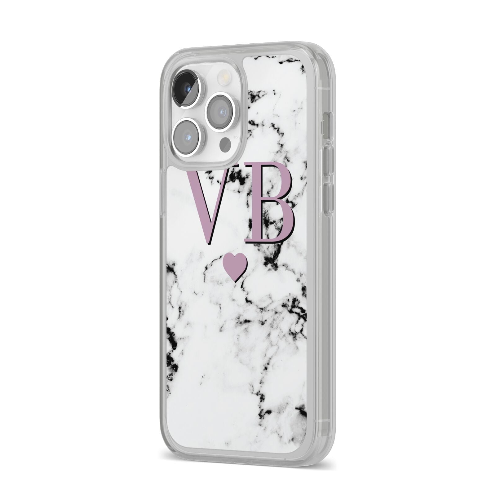 Personalised Purple Initialed Marble Heart iPhone 14 Pro Max Clear Tough Case Silver Angled Image