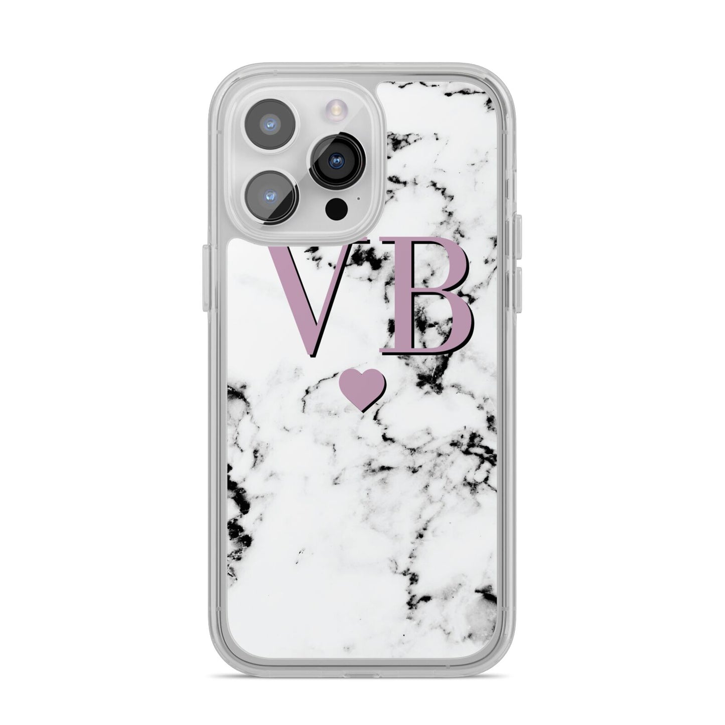 Personalised Purple Initialed Marble Heart iPhone 14 Pro Max Clear Tough Case Silver