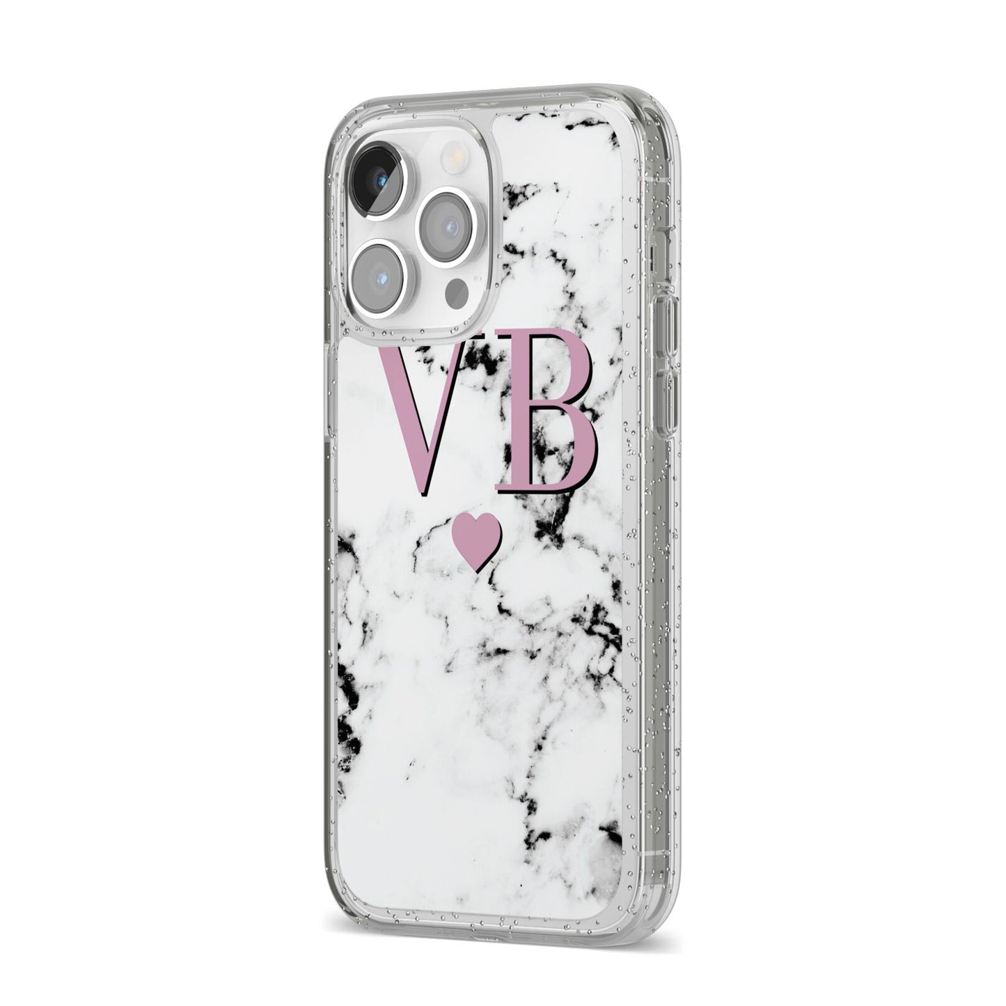Personalised Purple Initialed Marble Heart iPhone 14 Pro Max Glitter Tough Case Silver Angled Image