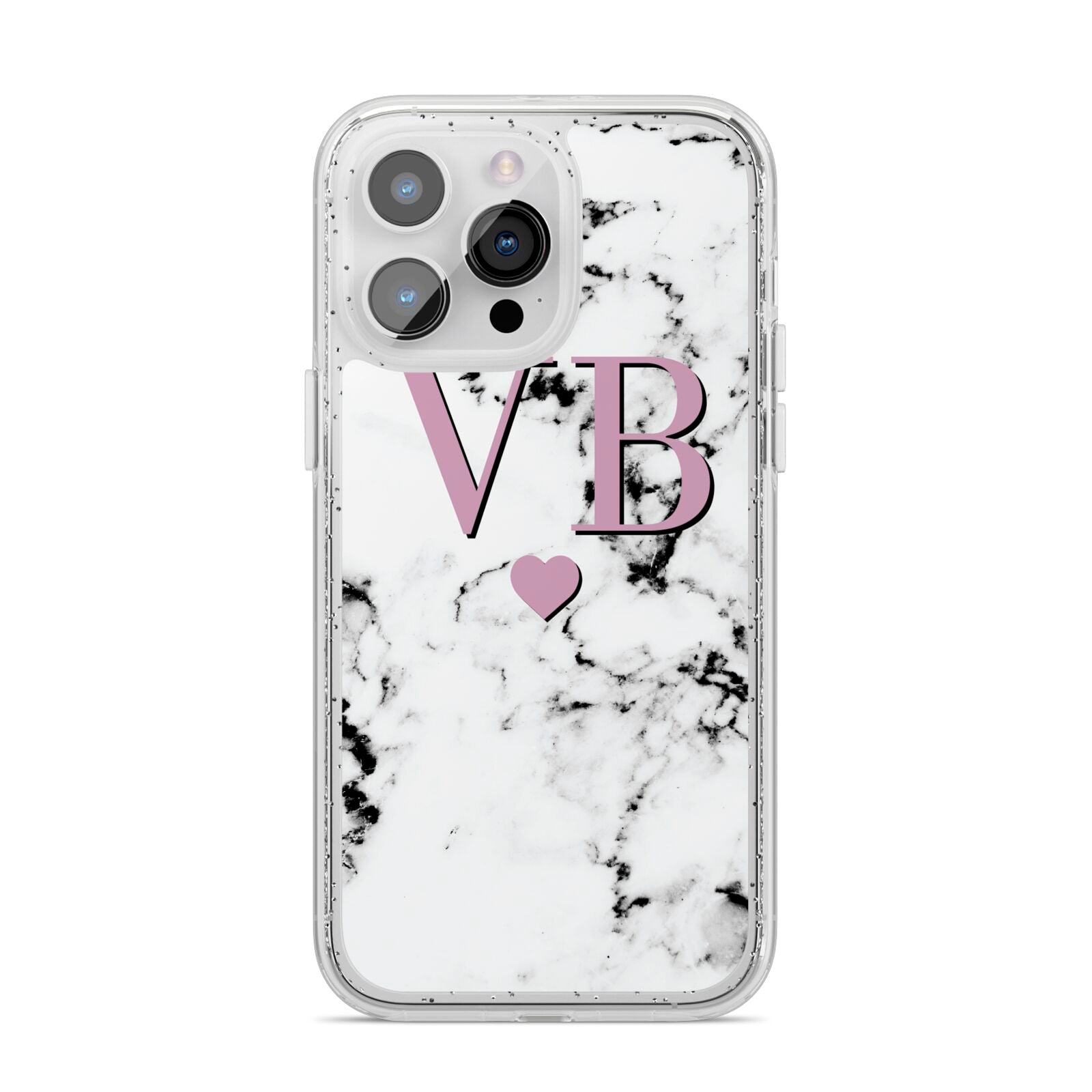 Personalised Purple Initialed Marble Heart iPhone 14 Pro Max Glitter Tough Case Silver