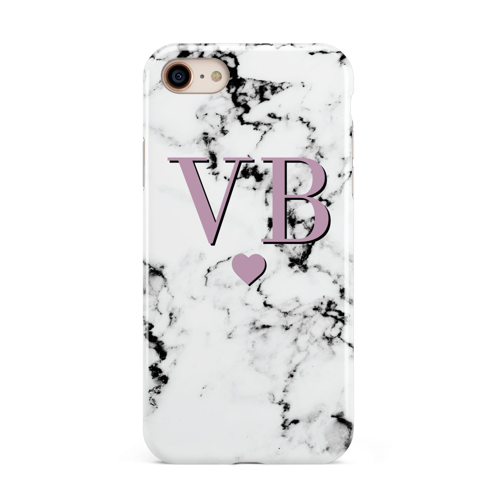 Personalised Purple Initialed Marble Heart iPhone 8 3D Tough Case on Gold Phone