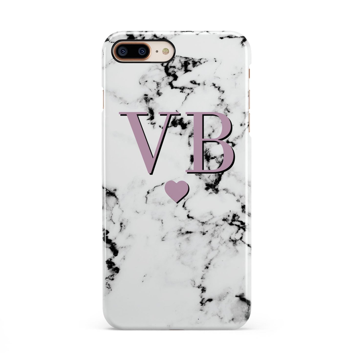 Personalised Purple Initialed Marble Heart iPhone 8 Plus 3D Snap Case on Gold Phone