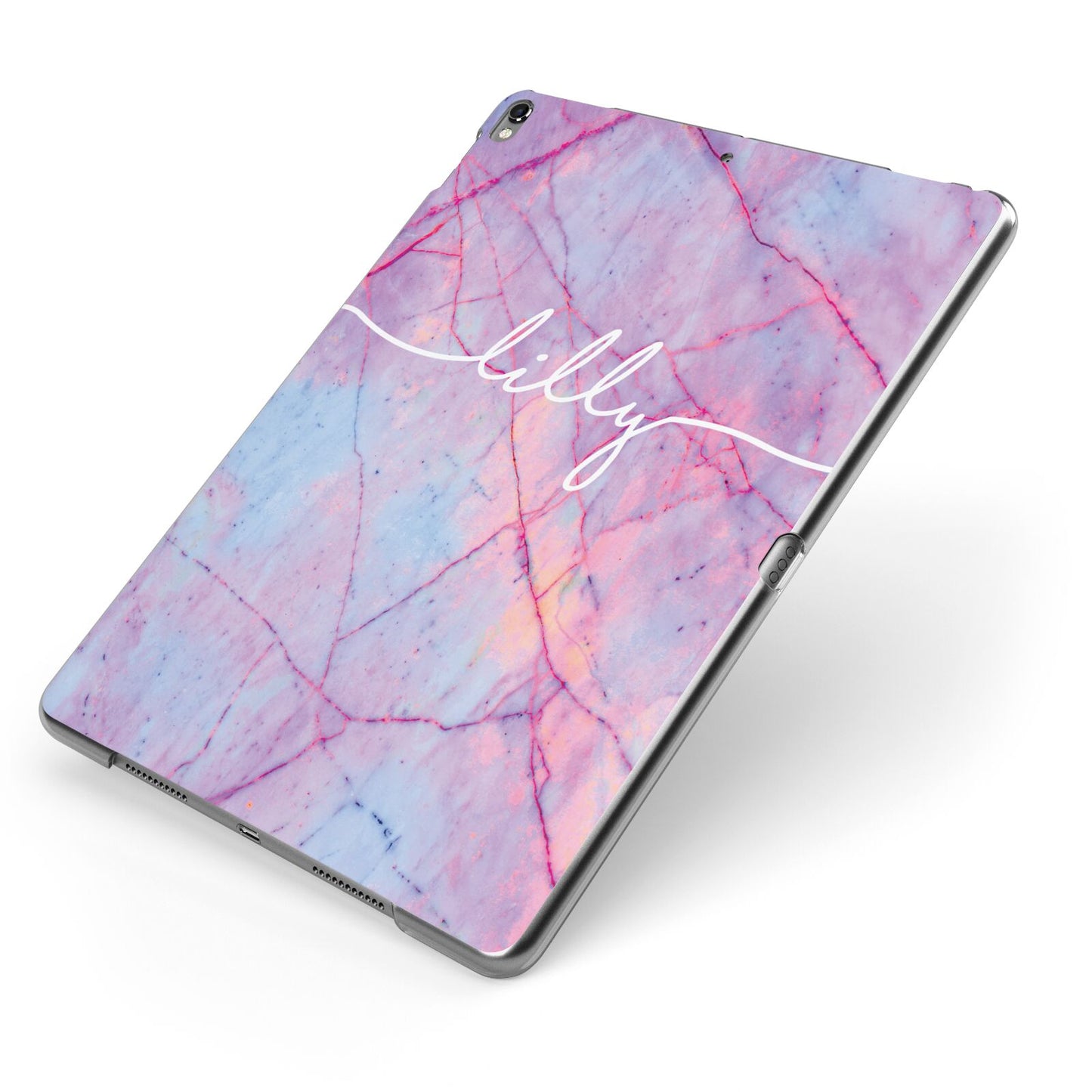 Personalised Purple Marble Name Apple iPad Case on Grey iPad Side View