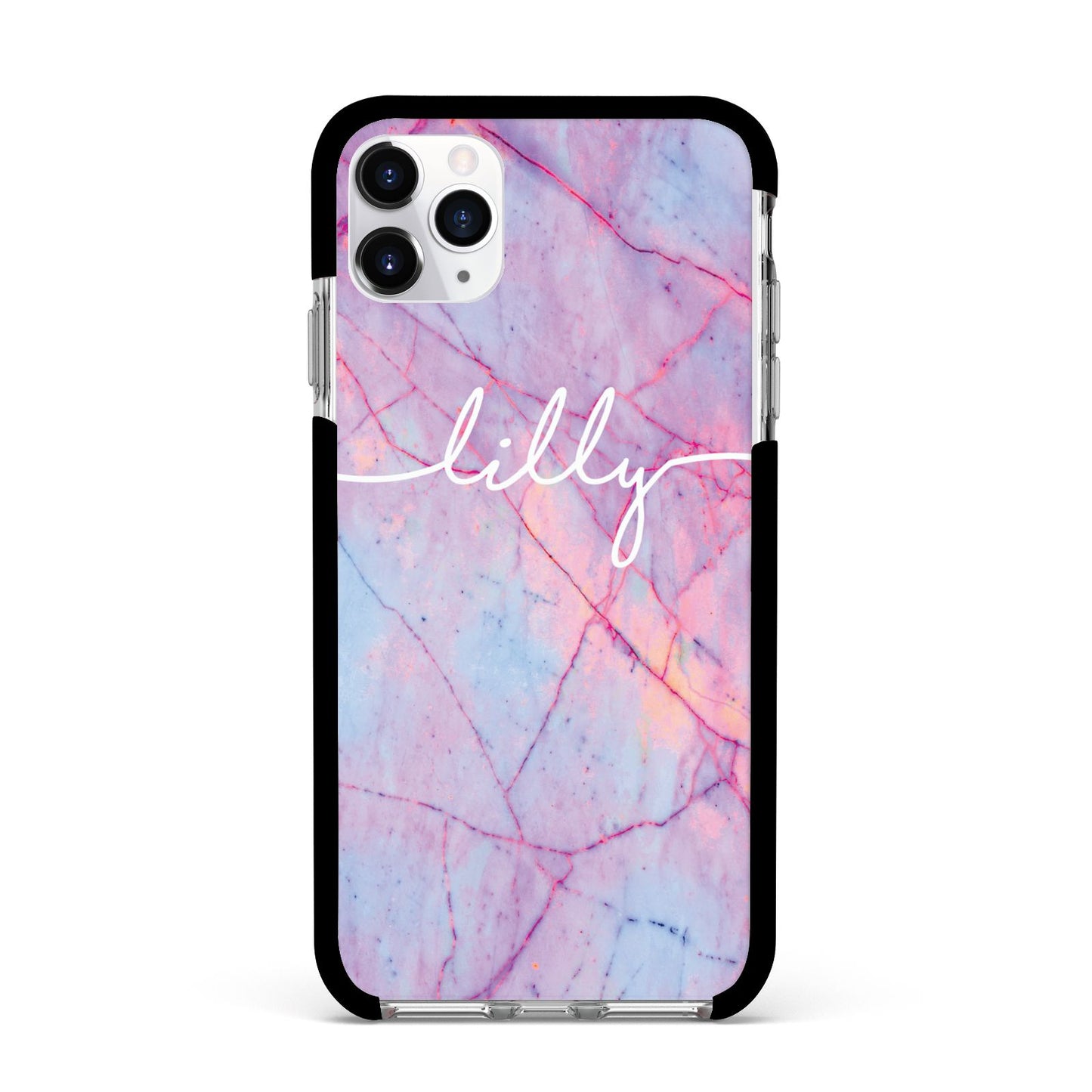 Personalised Purple Marble Name Apple iPhone 11 Pro Max in Silver with Black Impact Case