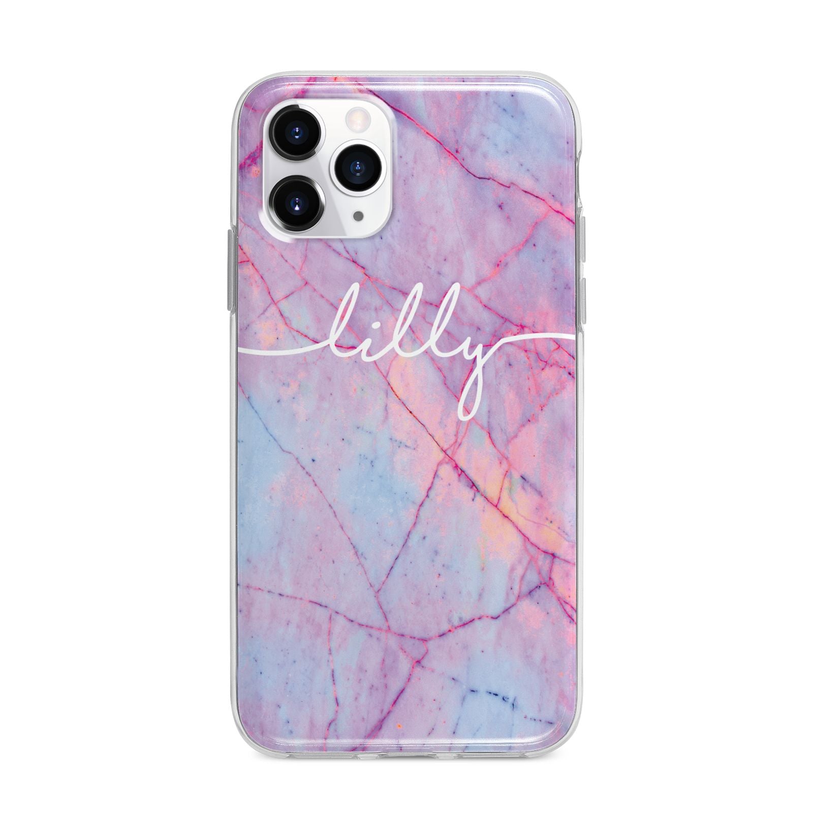 Personalised Purple Marble Name Apple iPhone 11 Pro Max in Silver with Bumper Case