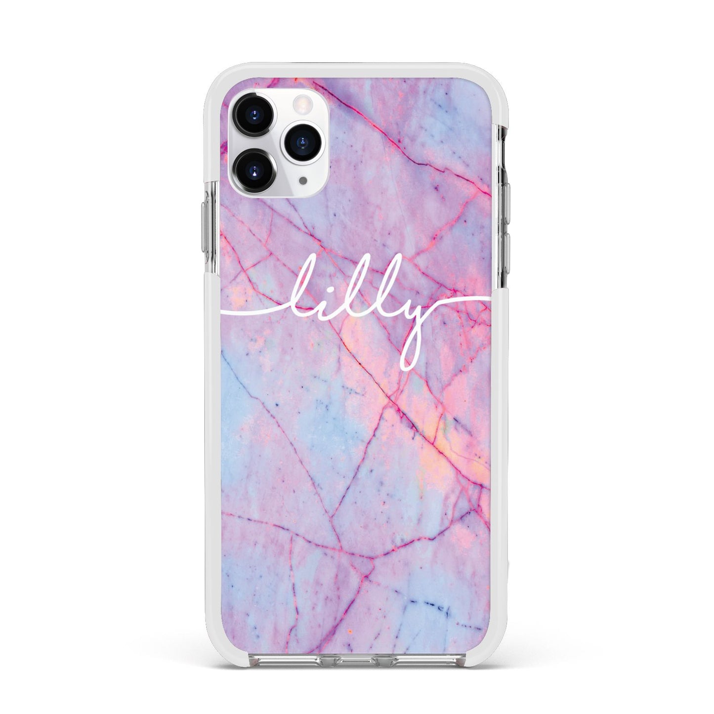 Personalised Purple Marble Name Apple iPhone 11 Pro Max in Silver with White Impact Case