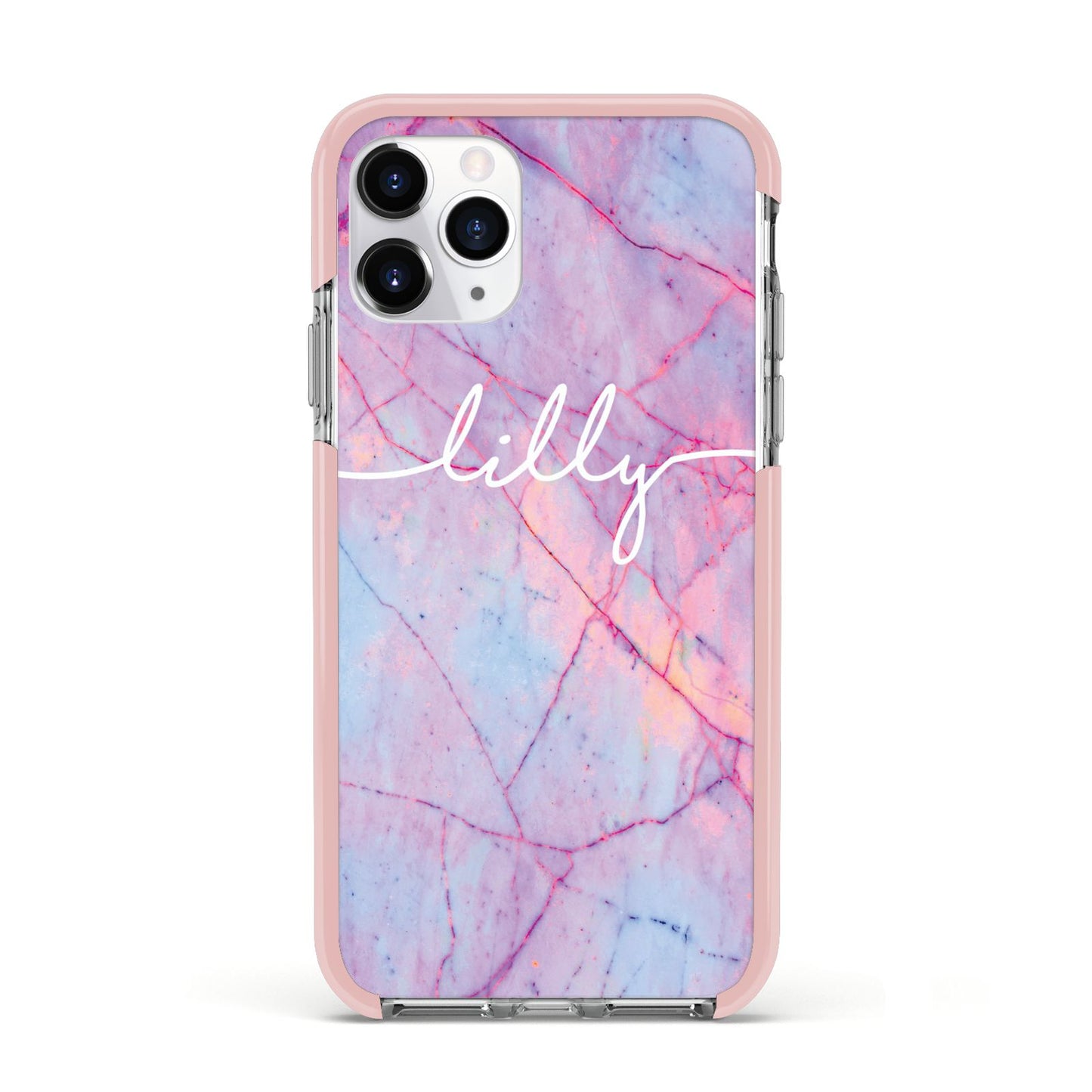 Personalised Purple Marble Name Apple iPhone 11 Pro in Silver with Pink Impact Case