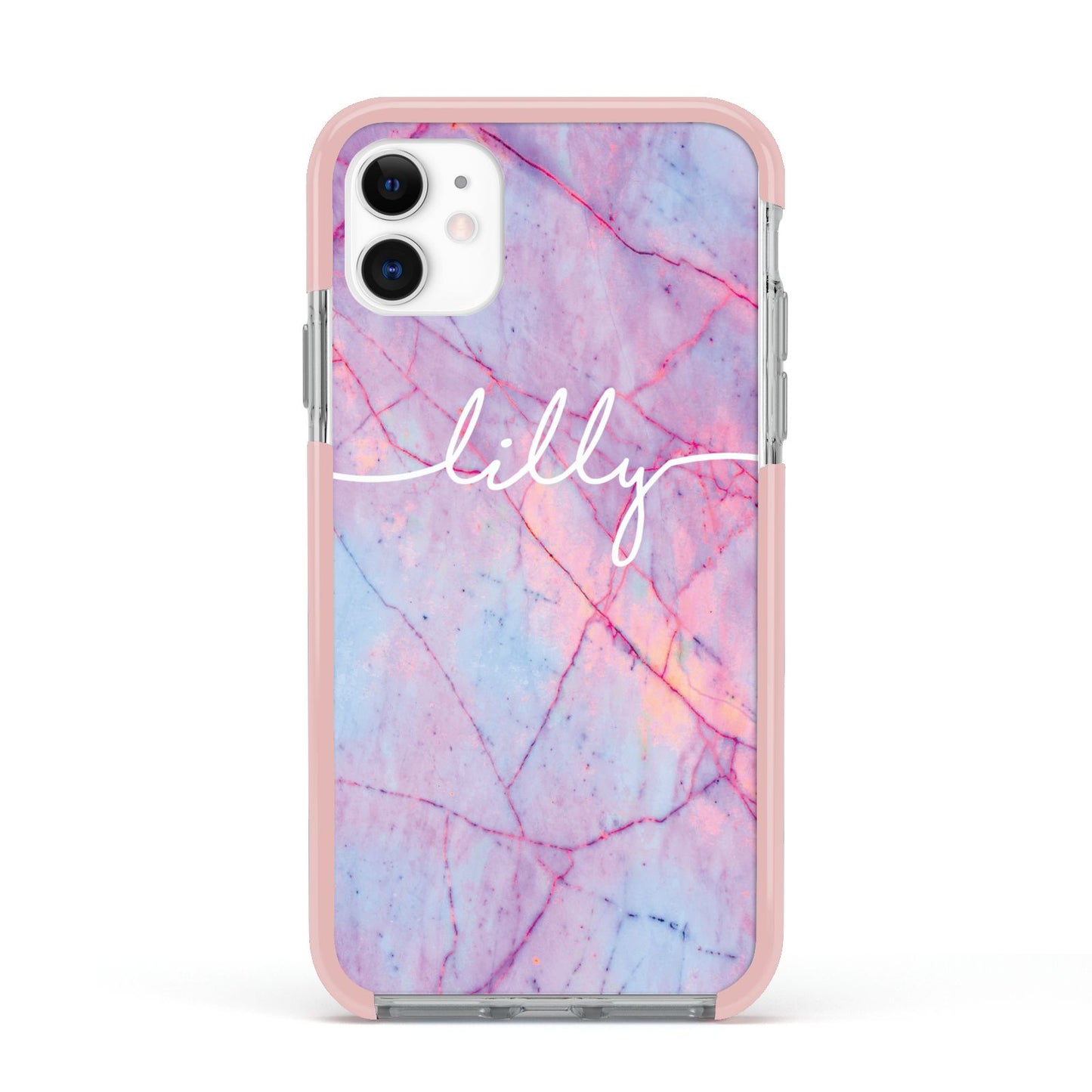 Personalised Purple Marble Name Apple iPhone 11 in White with Pink Impact Case