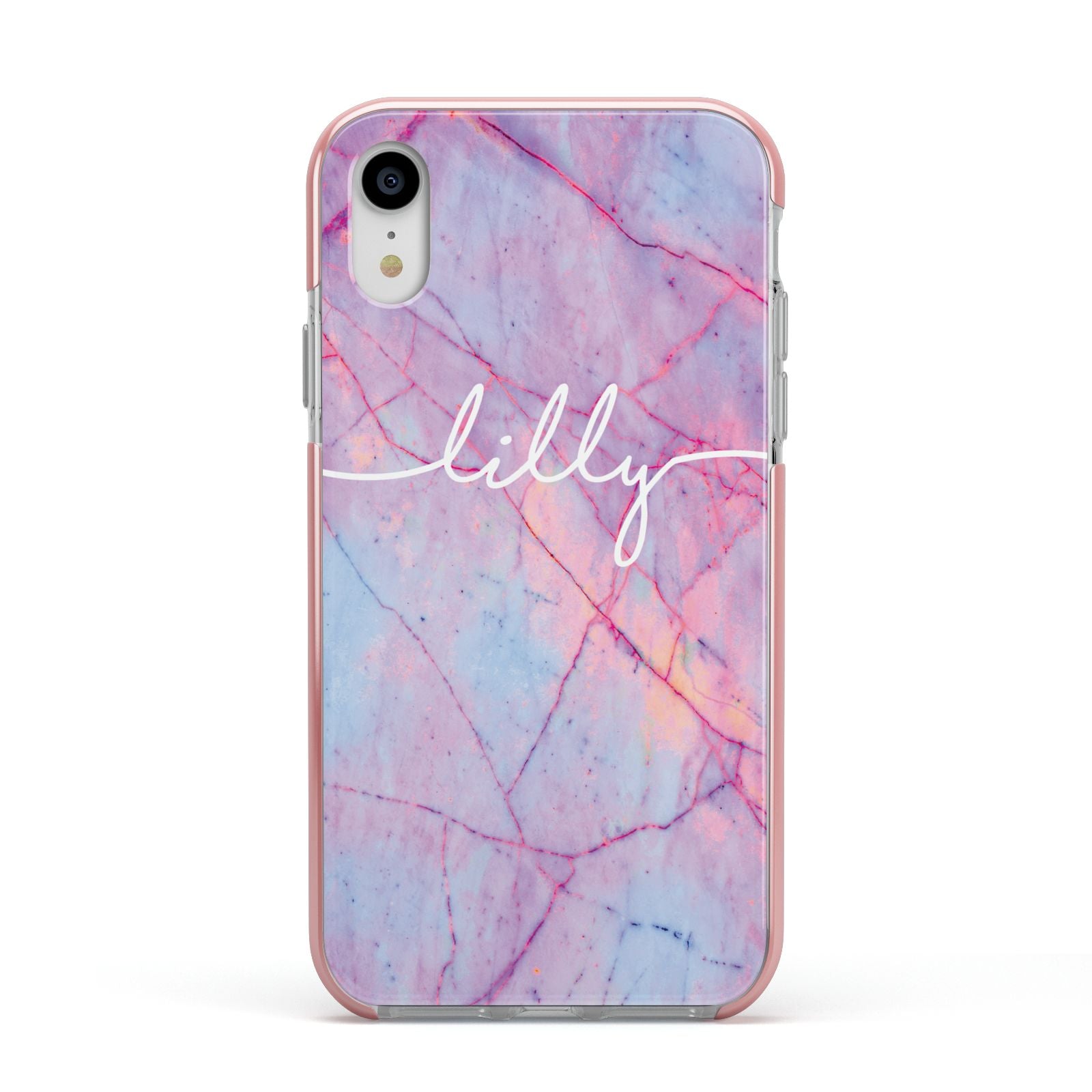 Personalised Purple Marble Name Apple iPhone XR Impact Case Pink Edge on Silver Phone