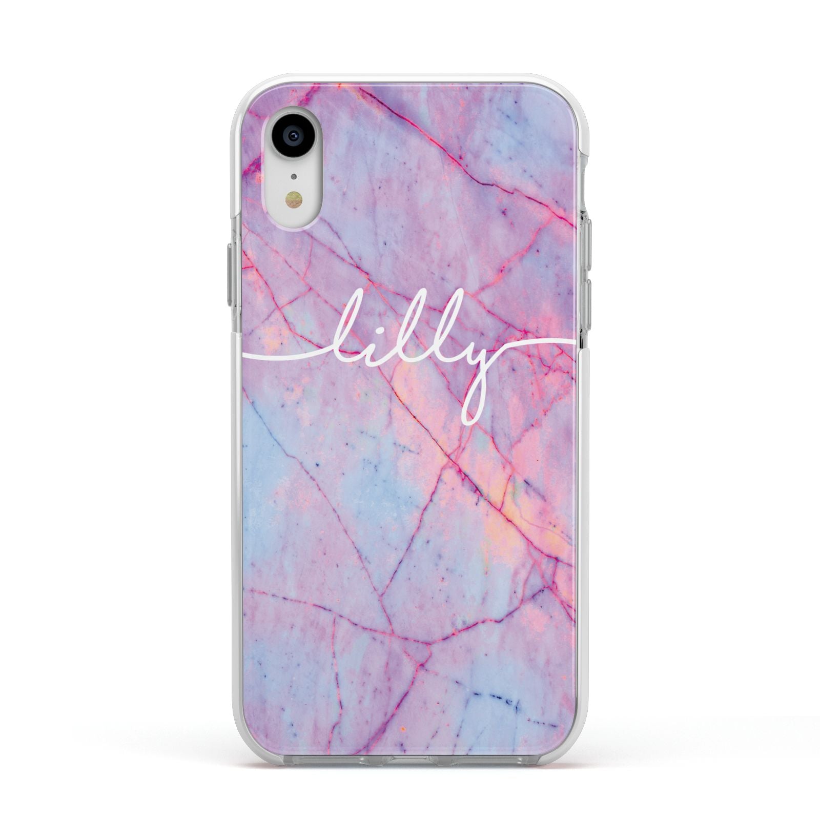Personalised Purple Marble Name Apple iPhone XR Impact Case White Edge on Silver Phone