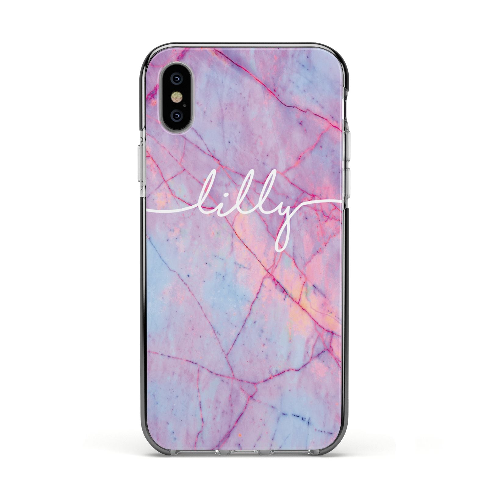Personalised Purple Marble Name Apple iPhone Xs Impact Case Black Edge on Silver Phone