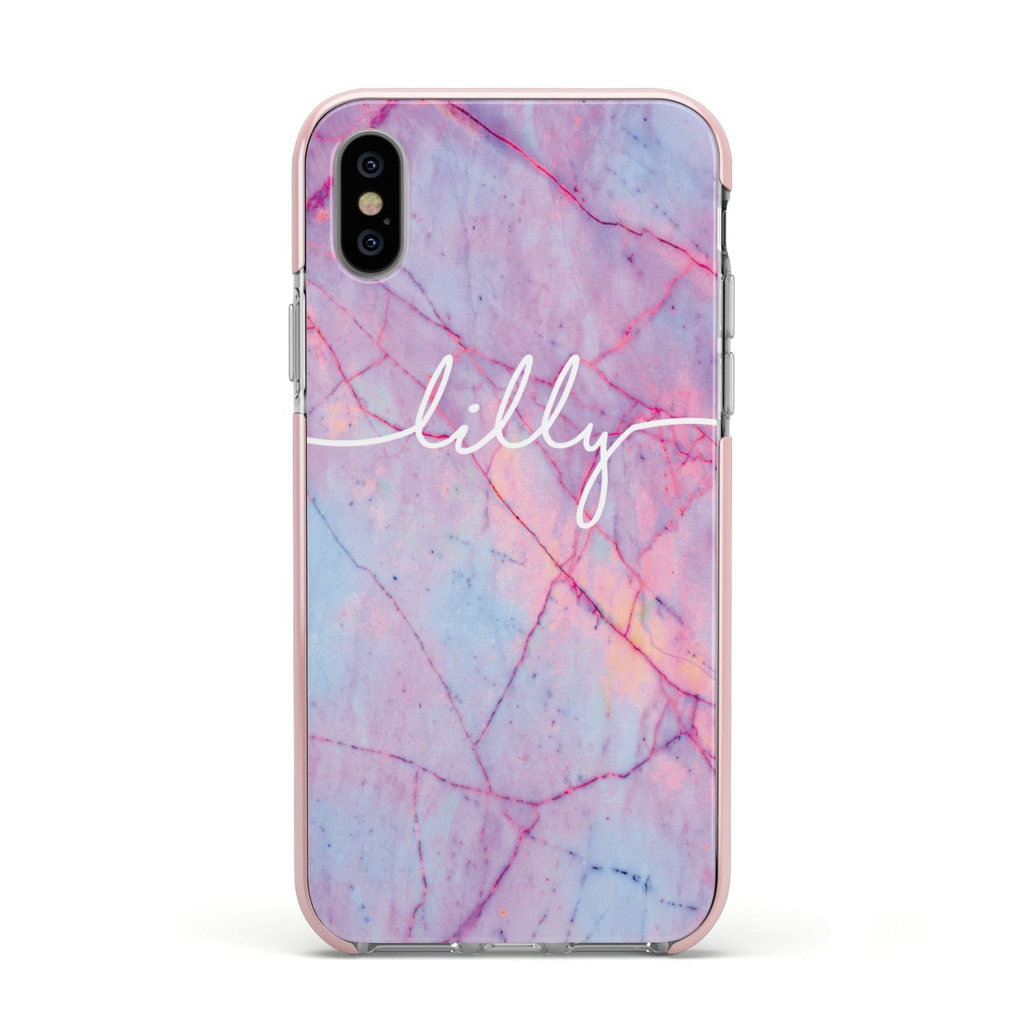 Personalised Purple Marble Name Apple iPhone Xs Impact Case Pink Edge on Silver Phone