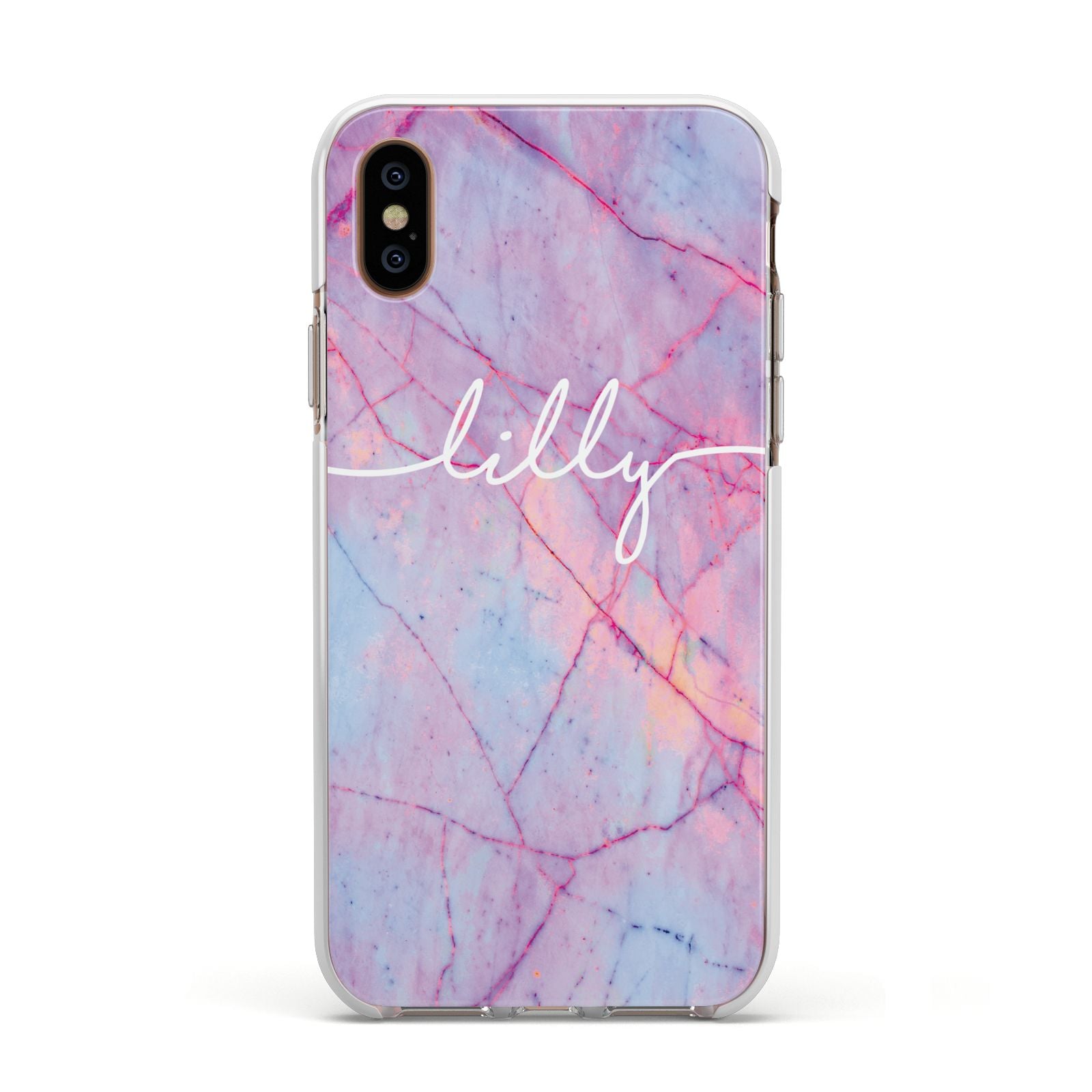 Personalised Purple Marble Name Apple iPhone Xs Impact Case White Edge on Gold Phone