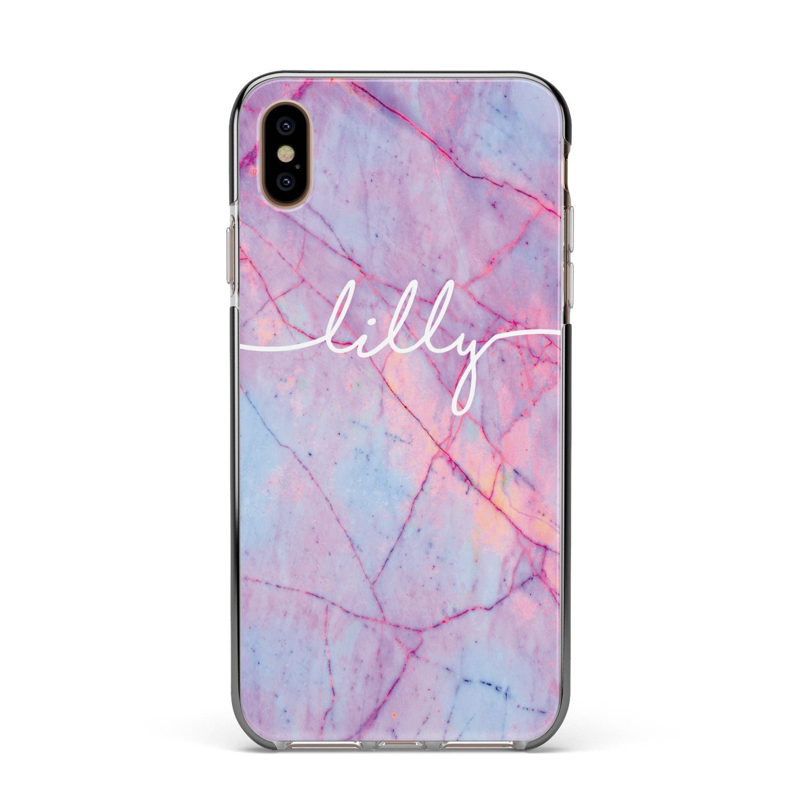 Personalised Purple Marble Name Apple iPhone Xs Max Impact Case Black Edge on Gold Phone