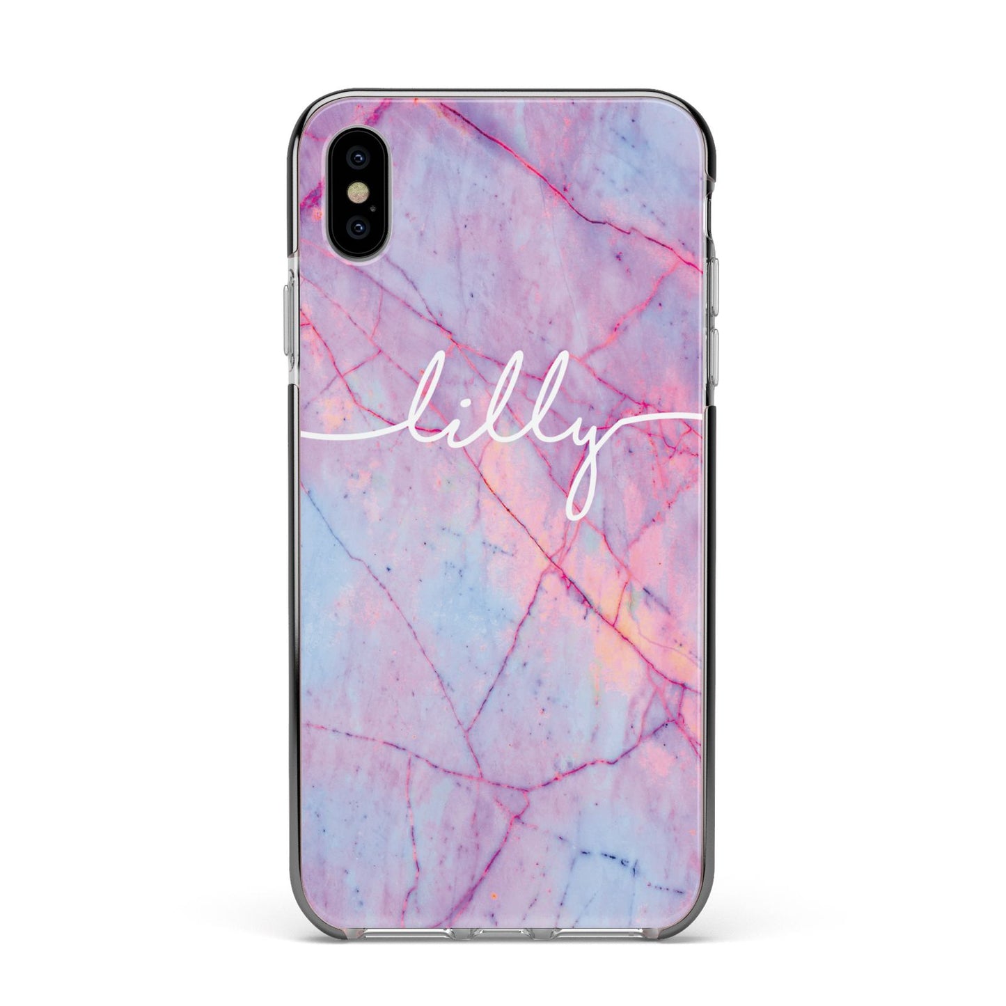 Personalised Purple Marble Name Apple iPhone Xs Max Impact Case Black Edge on Silver Phone