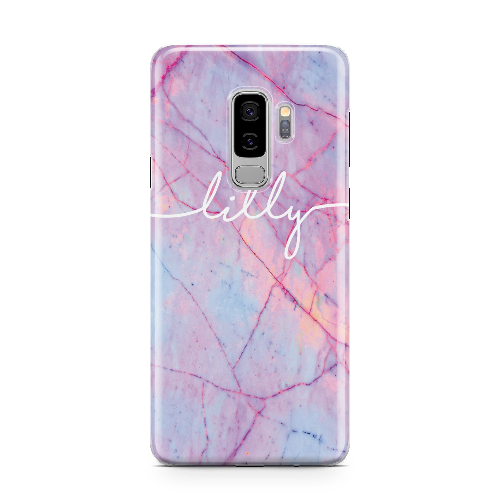 Personalised Purple Marble Name Samsung Galaxy S9 Plus Case on Silver phone