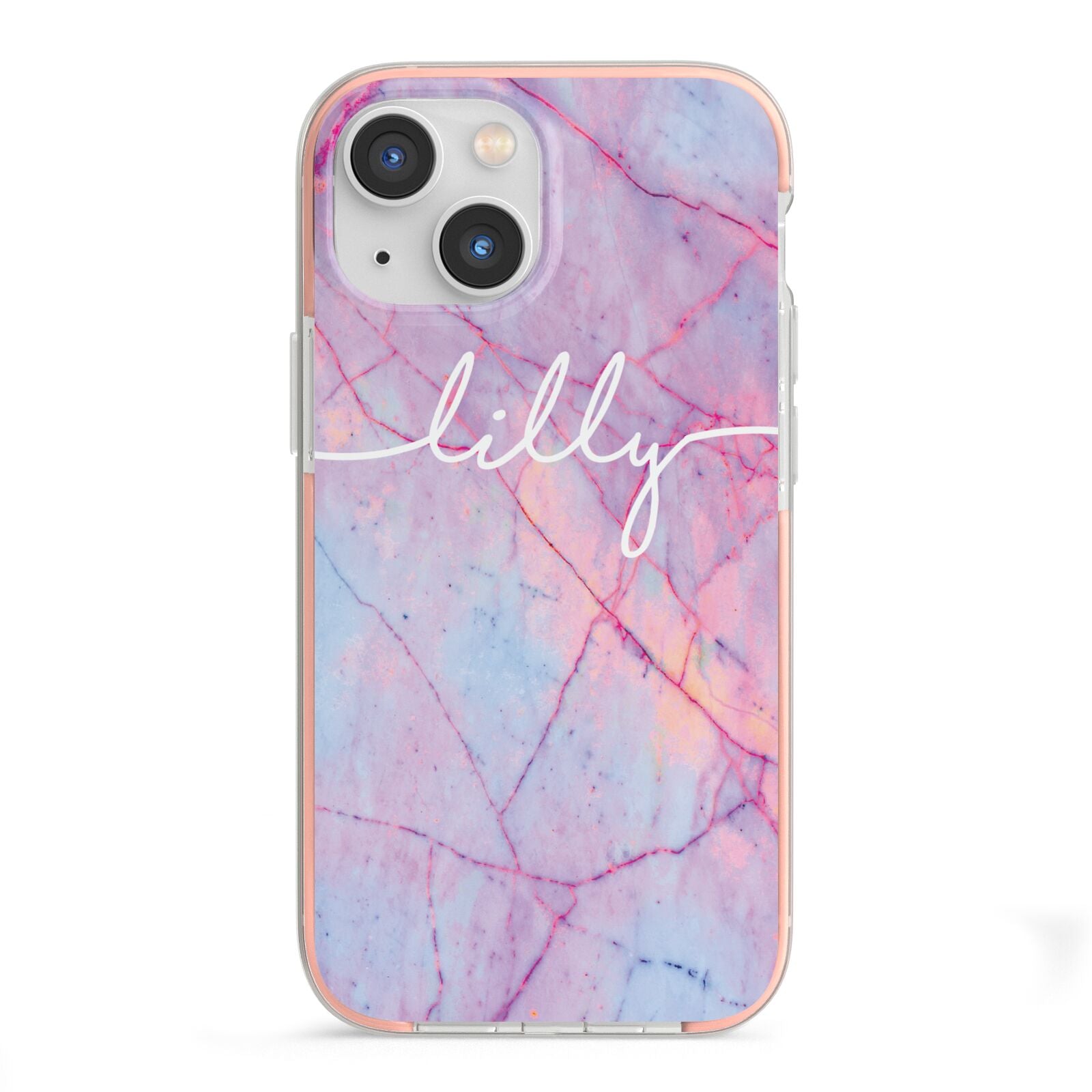 Personalised Purple Marble Name iPhone 13 Mini TPU Impact Case with Pink Edges