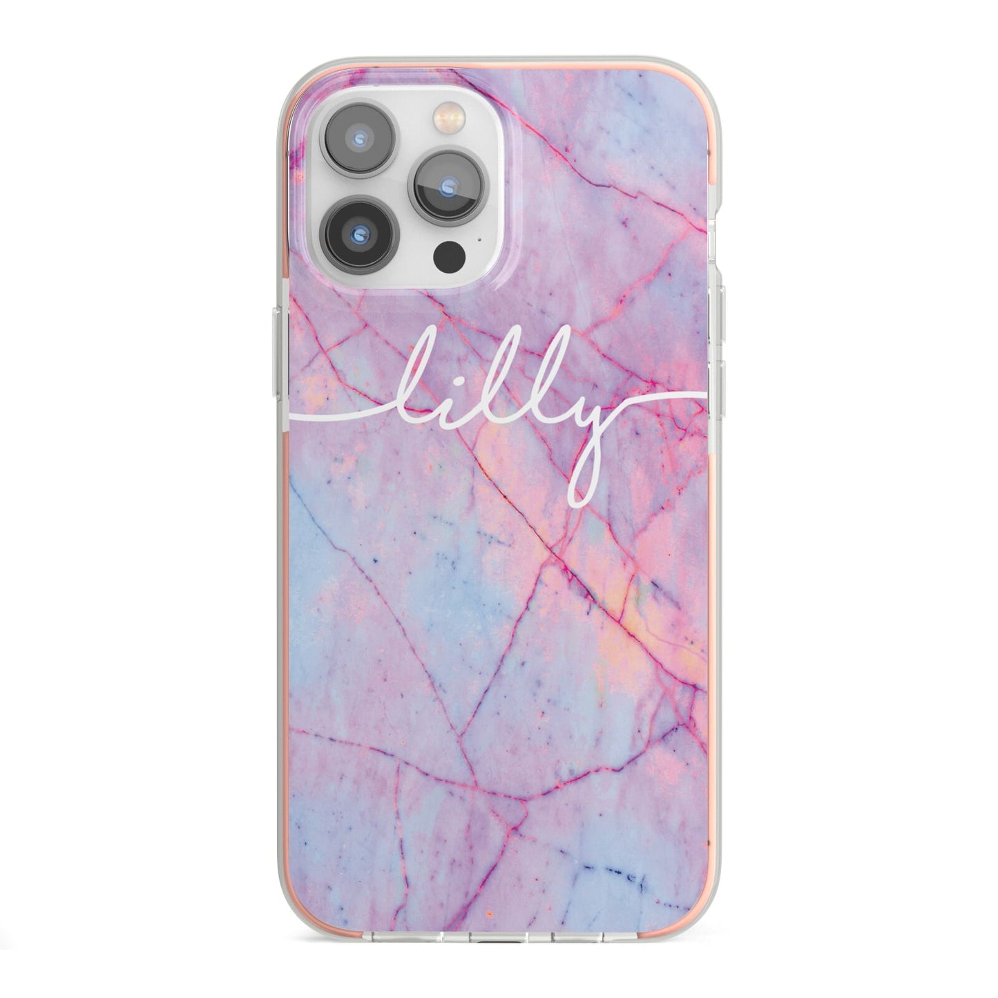 Personalised Purple Marble Name iPhone 13 Pro Max TPU Impact Case with Pink Edges