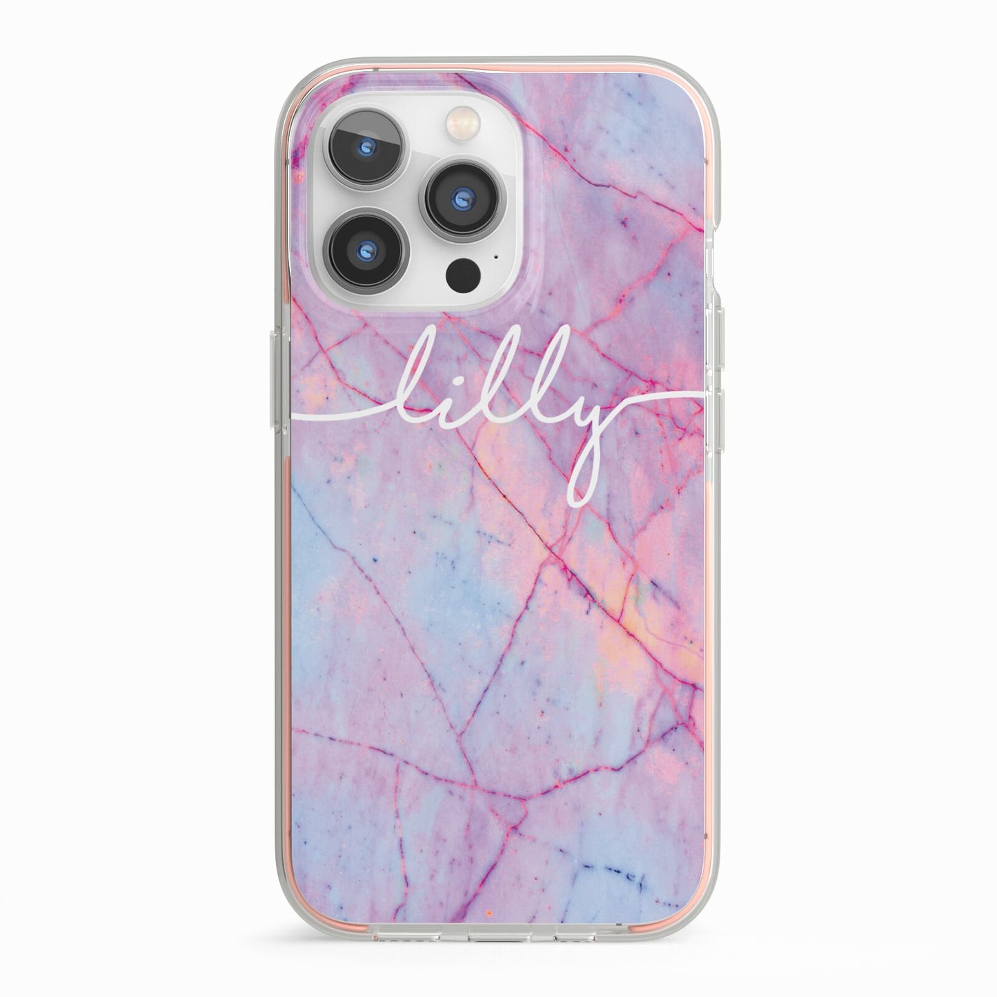 Personalised Purple Marble Name iPhone 13 Pro TPU Impact Case with Pink Edges