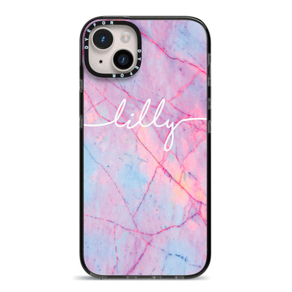 Personalised Purple Marble Name iPhone 14 Plus Black Impact Case on Silver phone