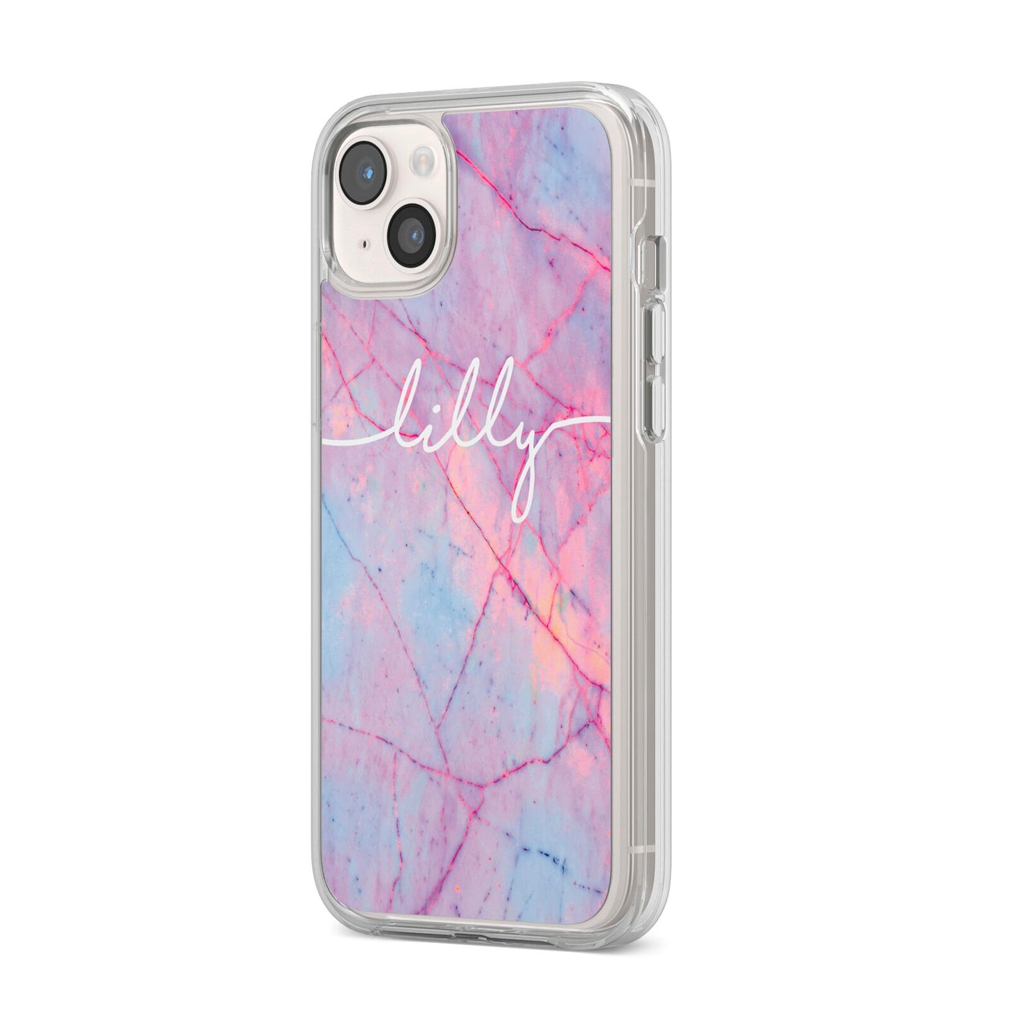 Personalised Purple Marble Name iPhone 14 Plus Clear Tough Case Starlight Angled Image