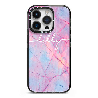 Personalised Purple Marble Name iPhone 14 Pro Black Impact Case on Silver phone