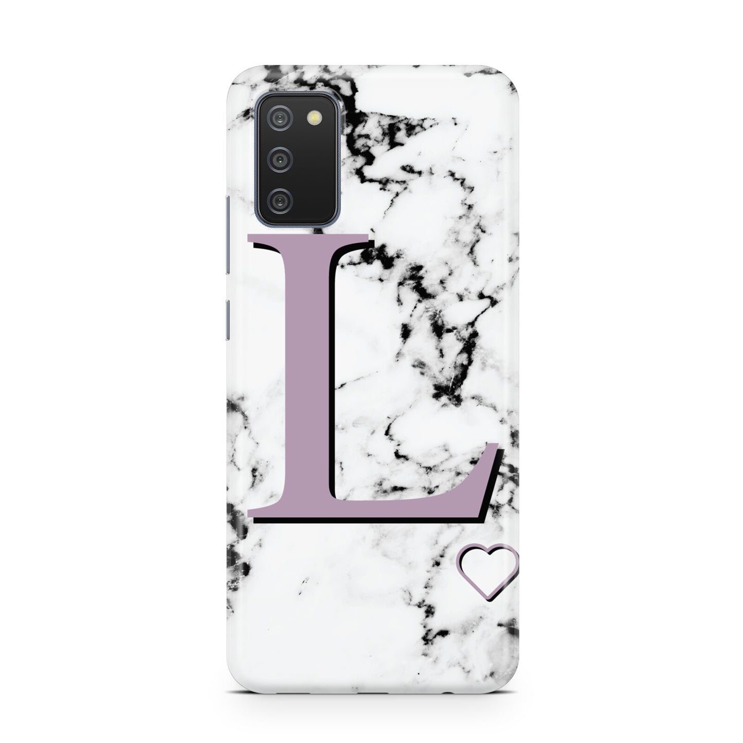 Personalised Purple Monogram Marble Heart Samsung A02s Case