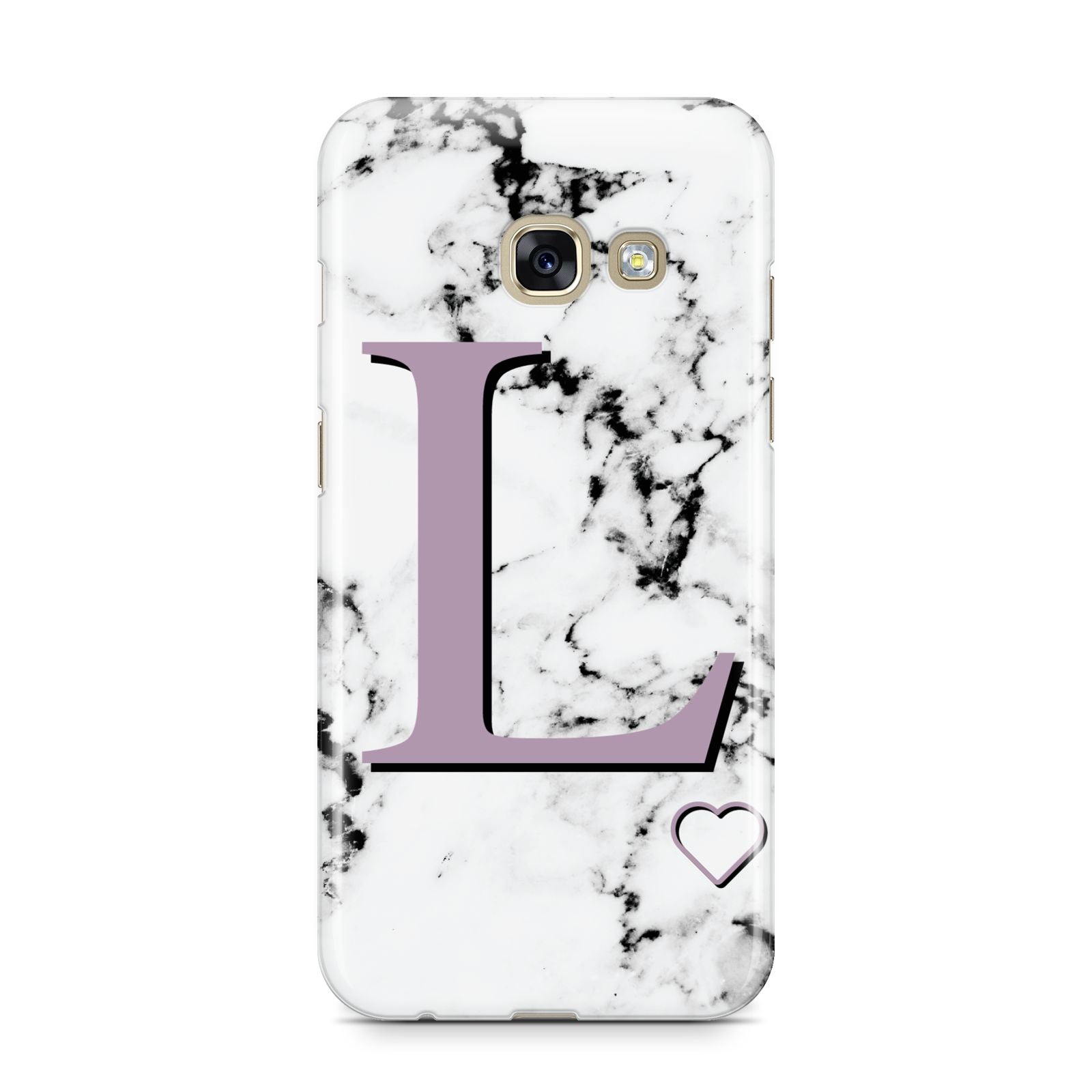 Personalised Purple Monogram Marble Heart Samsung Galaxy A3 2017 Case on gold phone