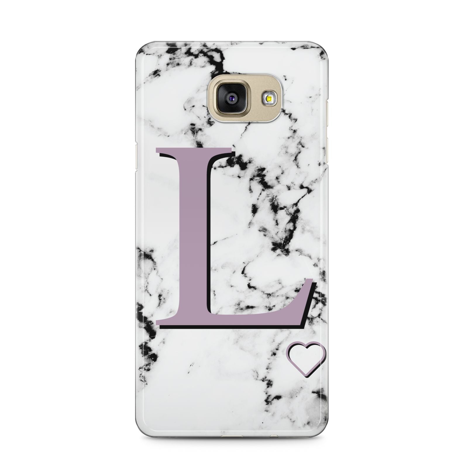 Personalised Purple Monogram Marble Heart Samsung Galaxy A5 2016 Case on gold phone