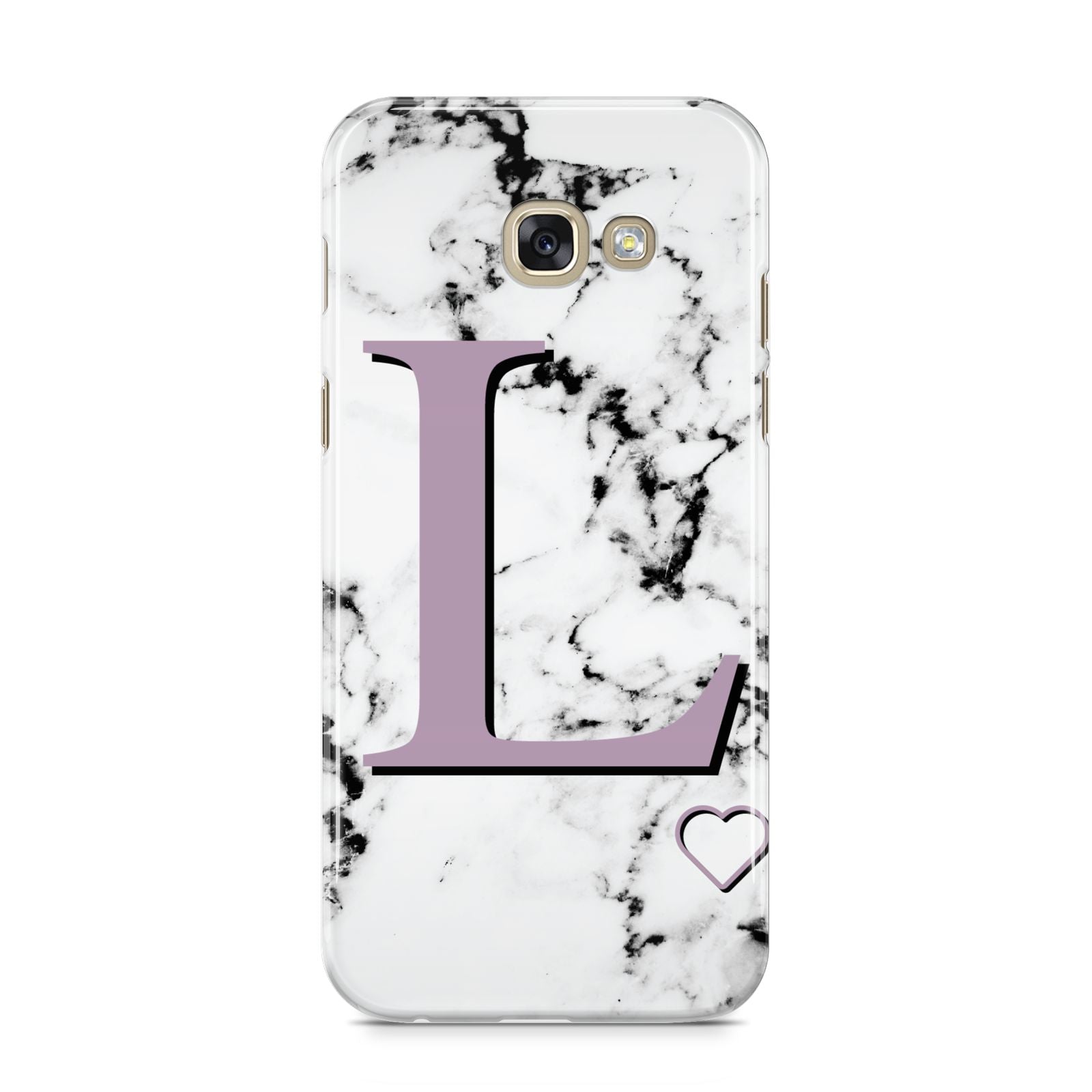 Personalised Purple Monogram Marble Heart Samsung Galaxy A5 2017 Case on gold phone