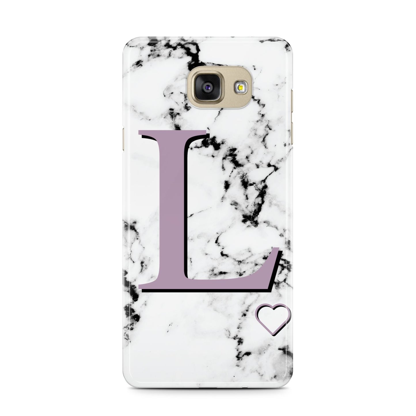 Personalised Purple Monogram Marble Heart Samsung Galaxy A7 2016 Case on gold phone