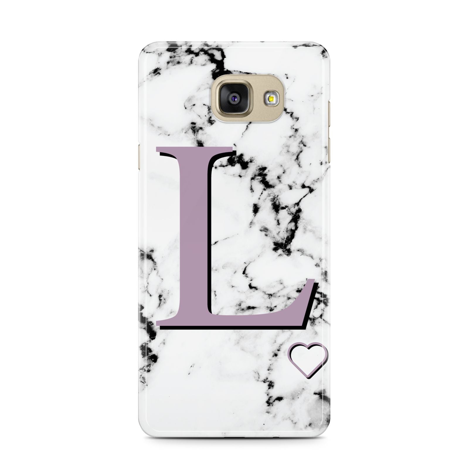 Personalised Purple Monogram Marble Heart Samsung Galaxy A7 2016 Case on gold phone