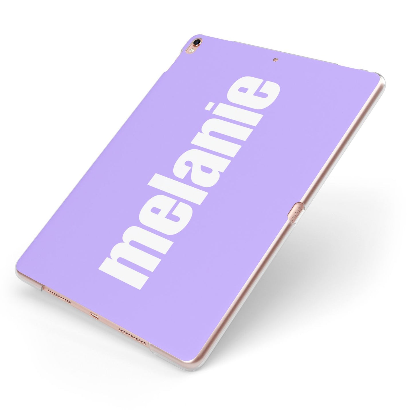Personalised Purple Name Apple iPad Case on Rose Gold iPad Side View