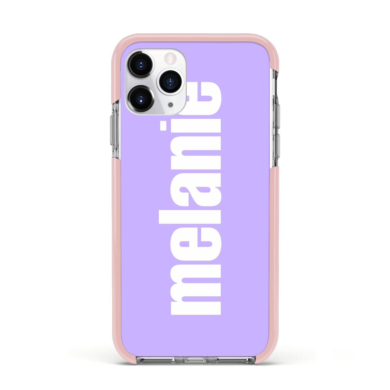 Personalised Purple Name Apple iPhone 11 Pro in Silver with Pink Impact Case