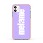 Personalised Purple Name Apple iPhone 11 in White with Pink Impact Case
